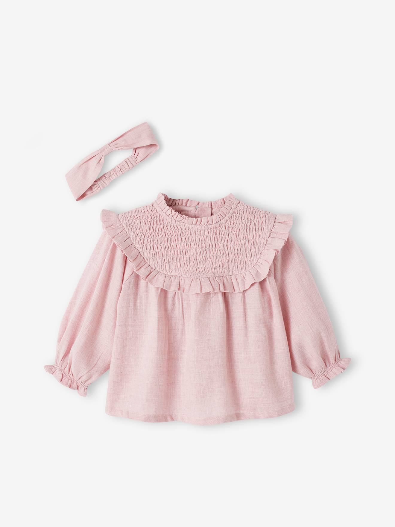Blouse à smocks bébé et son bandeau assorti lilas