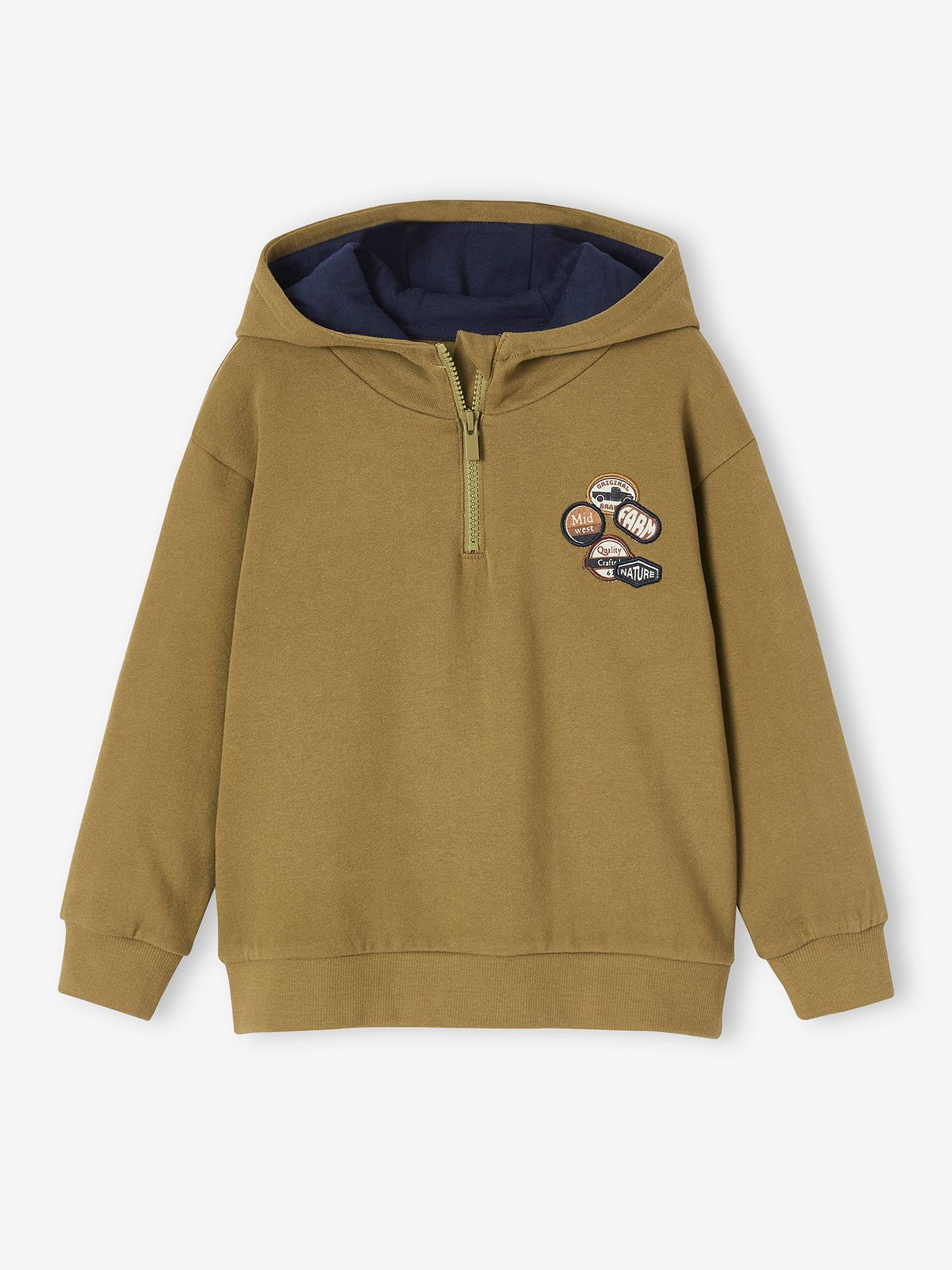 Sweat capuche montante animation badges garçon olive