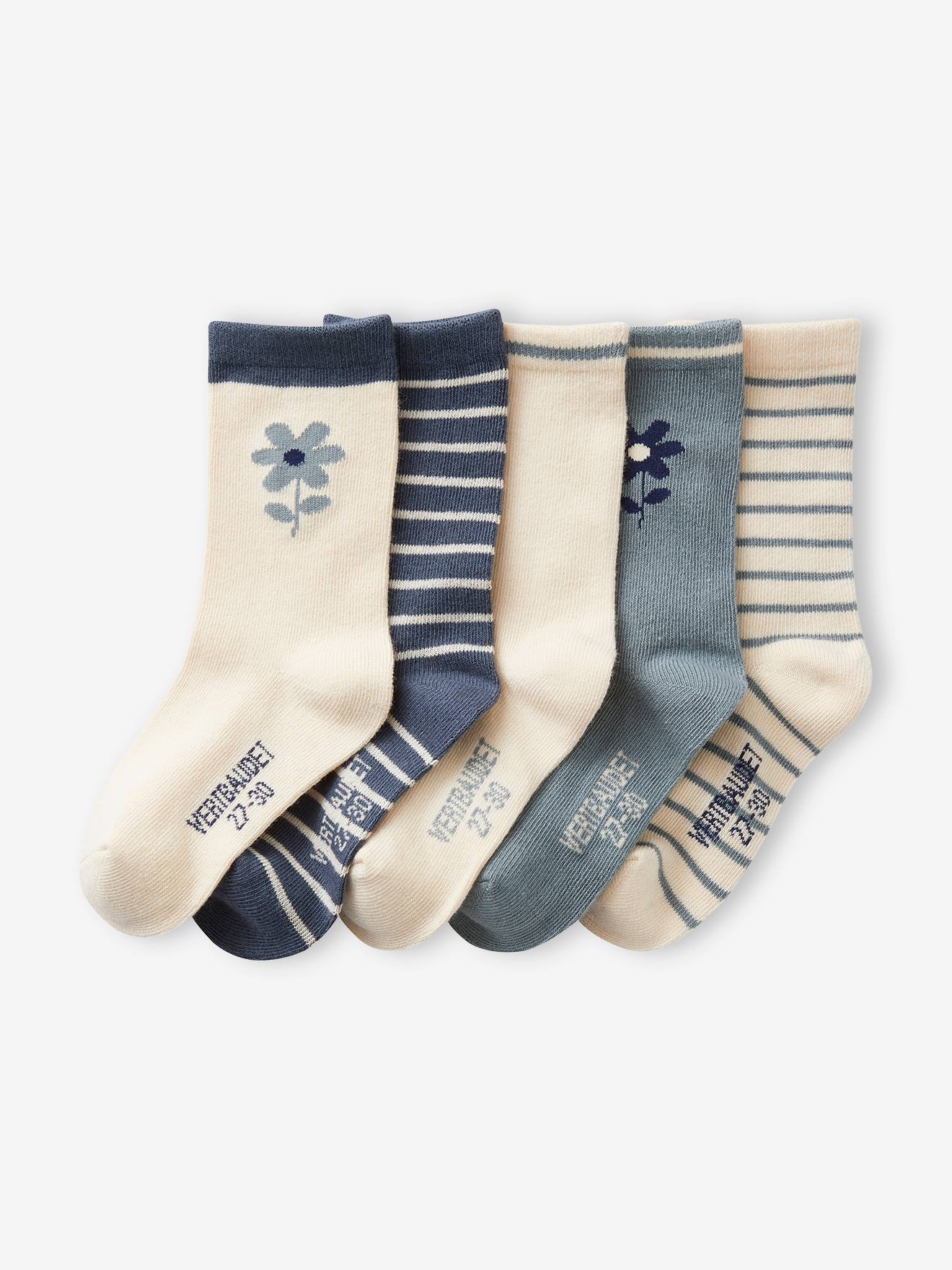 Lot de 5 paires de chaussettes fleurs/rayures fille marine