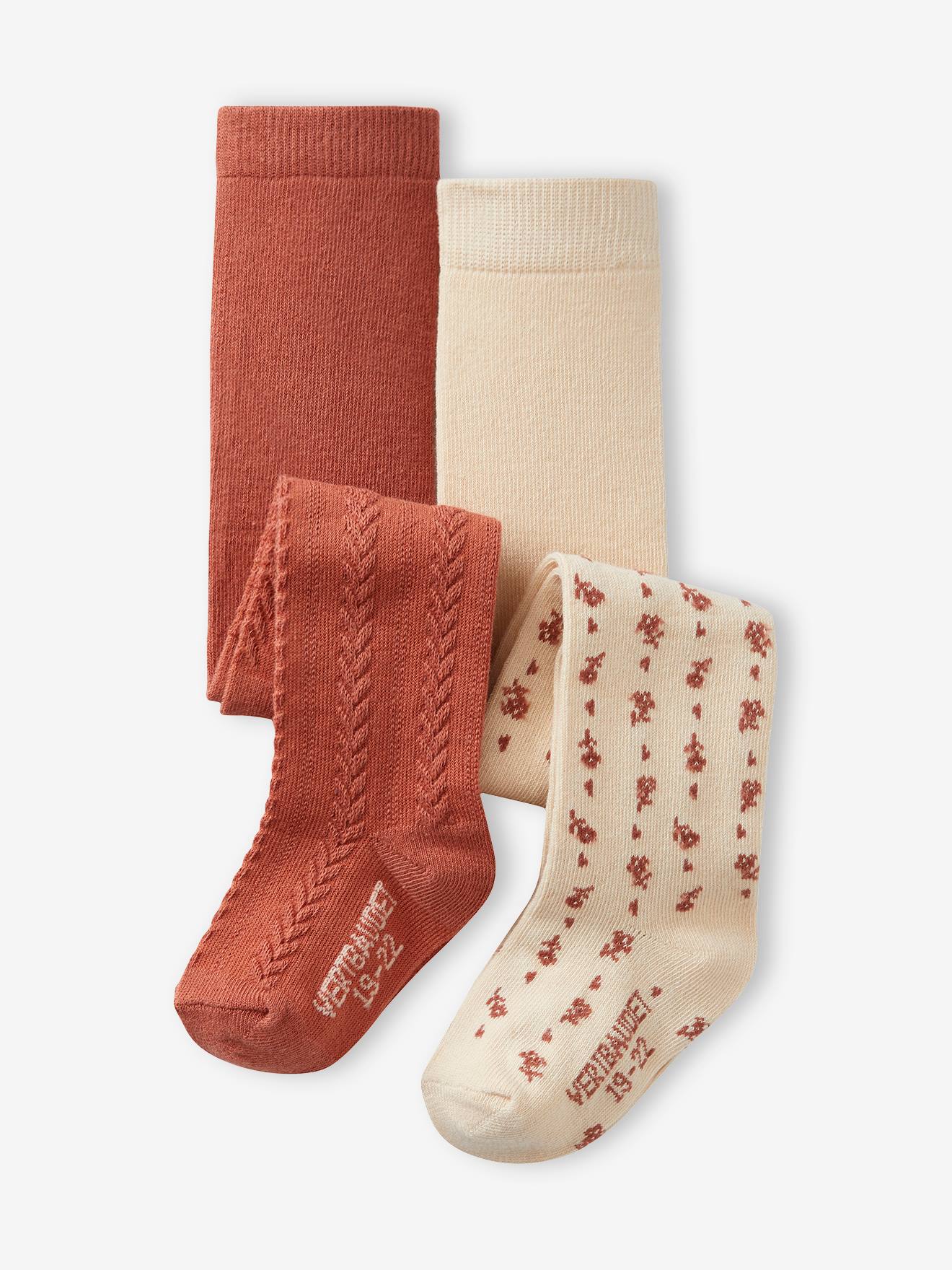 Lot de 2 paires de collants à fleurs/torsades bébé fille vieux rose