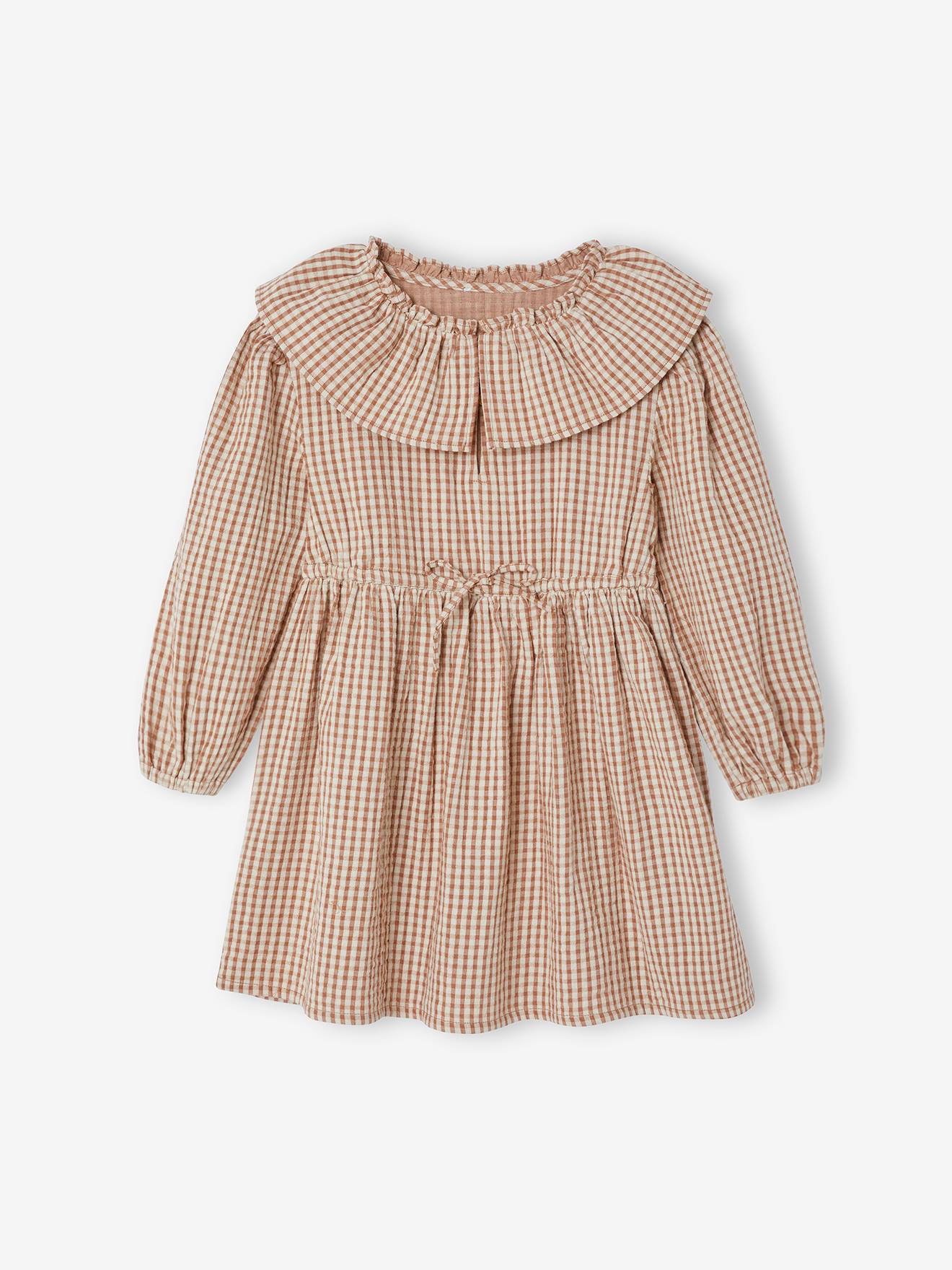 Robe à carreaux vichy avec collerette fille carreaux marron