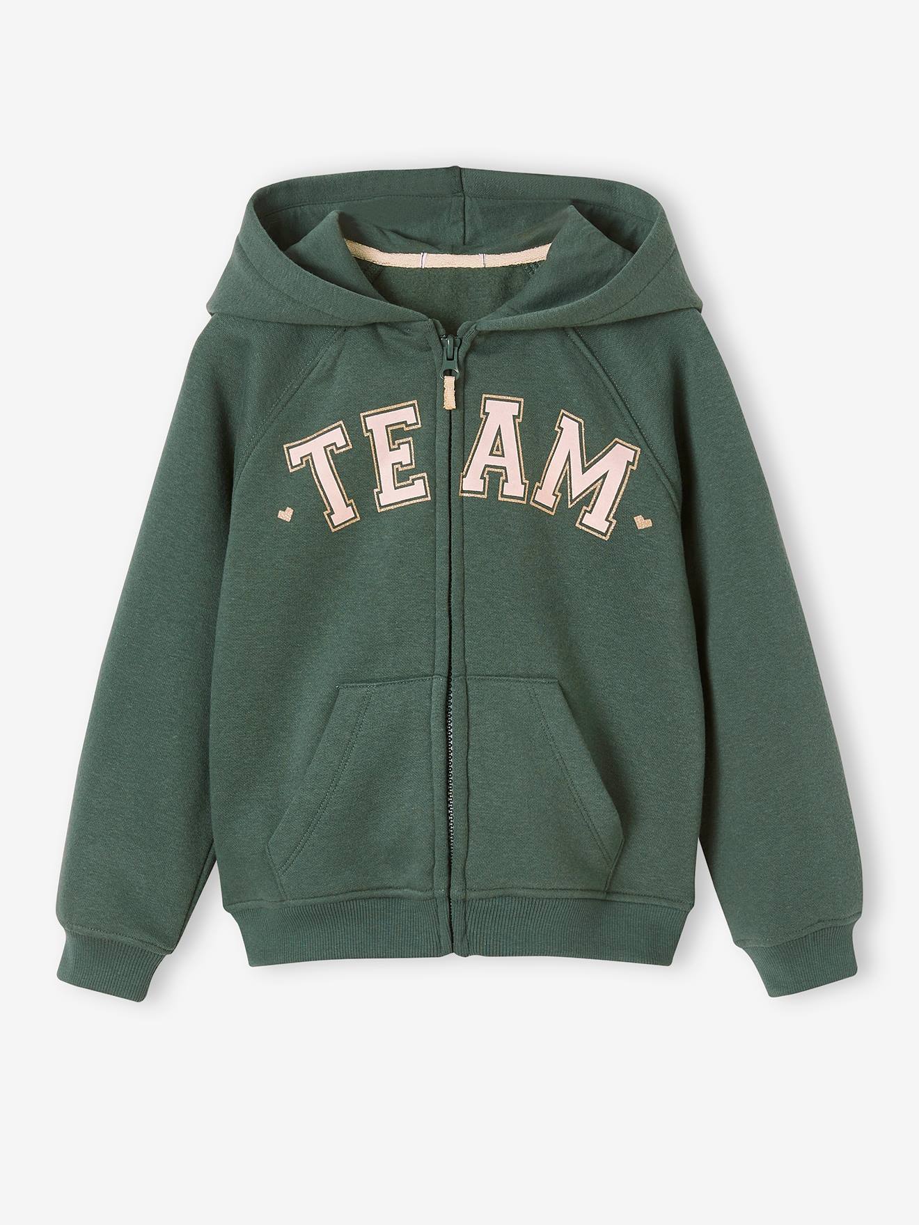 Sweat zippé à capuche motif Team sport fille vert