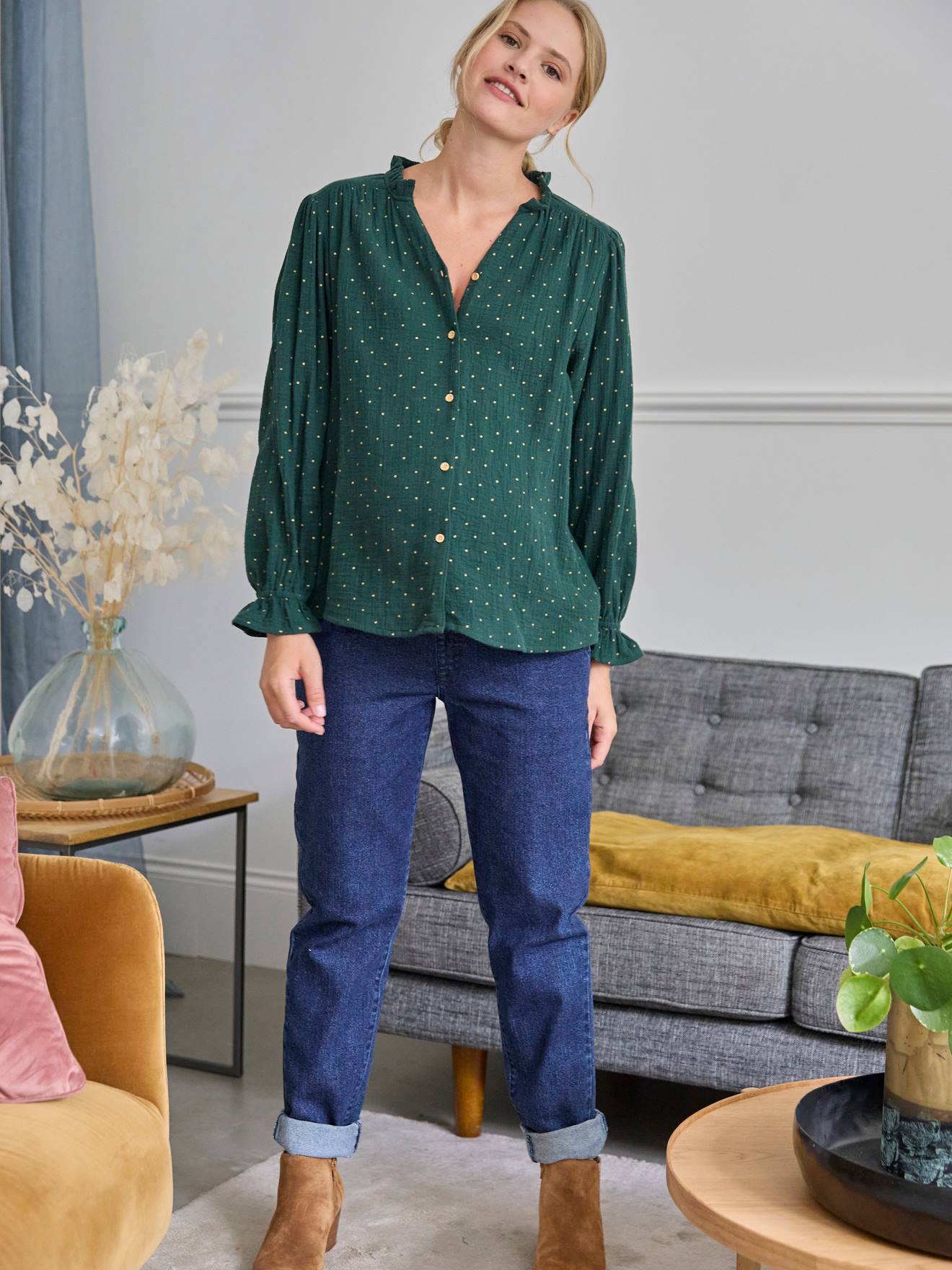 Blouse gaze de coton grossesse et allaitement vert sapin