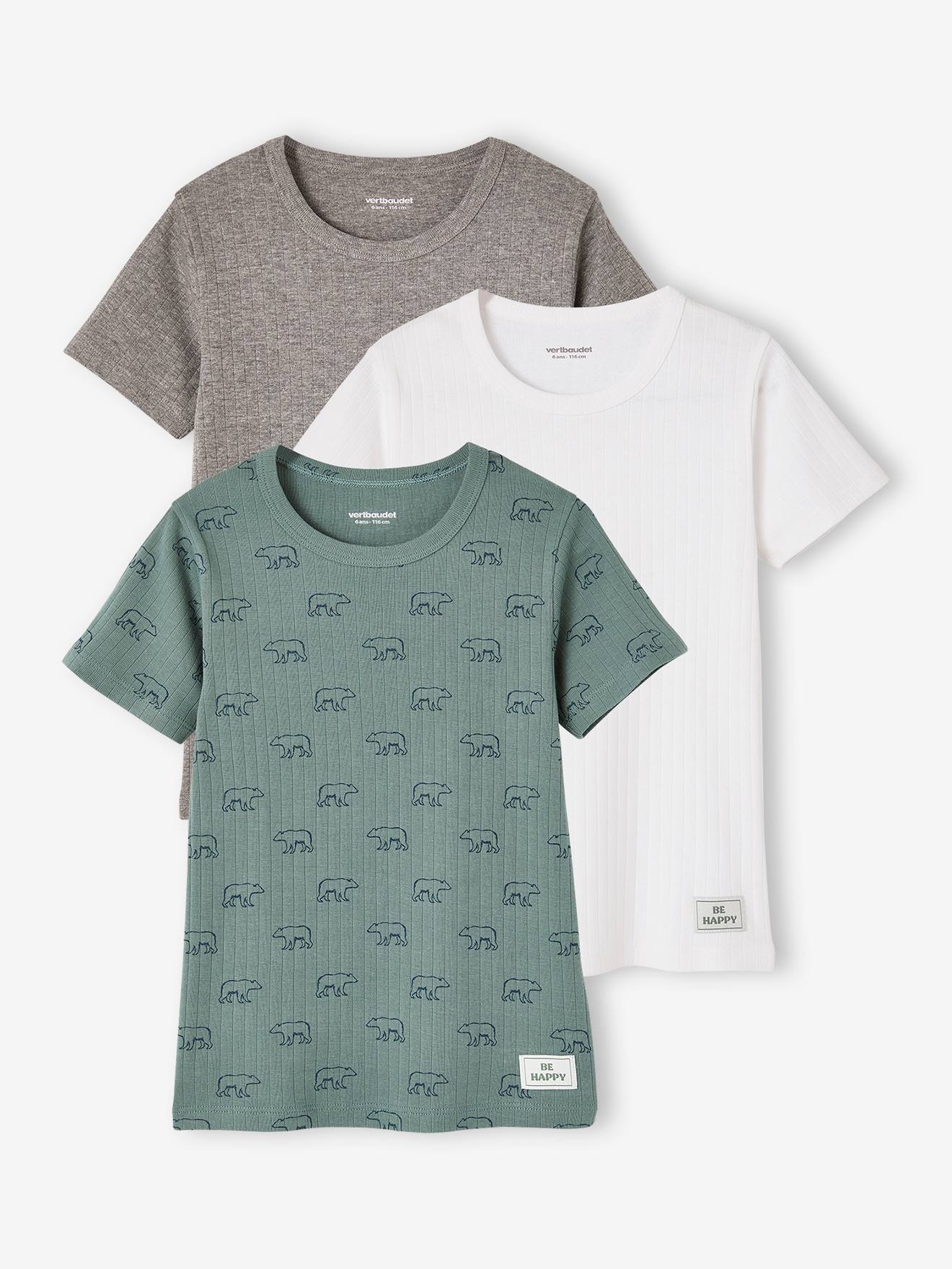 Lot de 3 T-shirts manches courtes ours en maille côtelée garçon vert émeraude