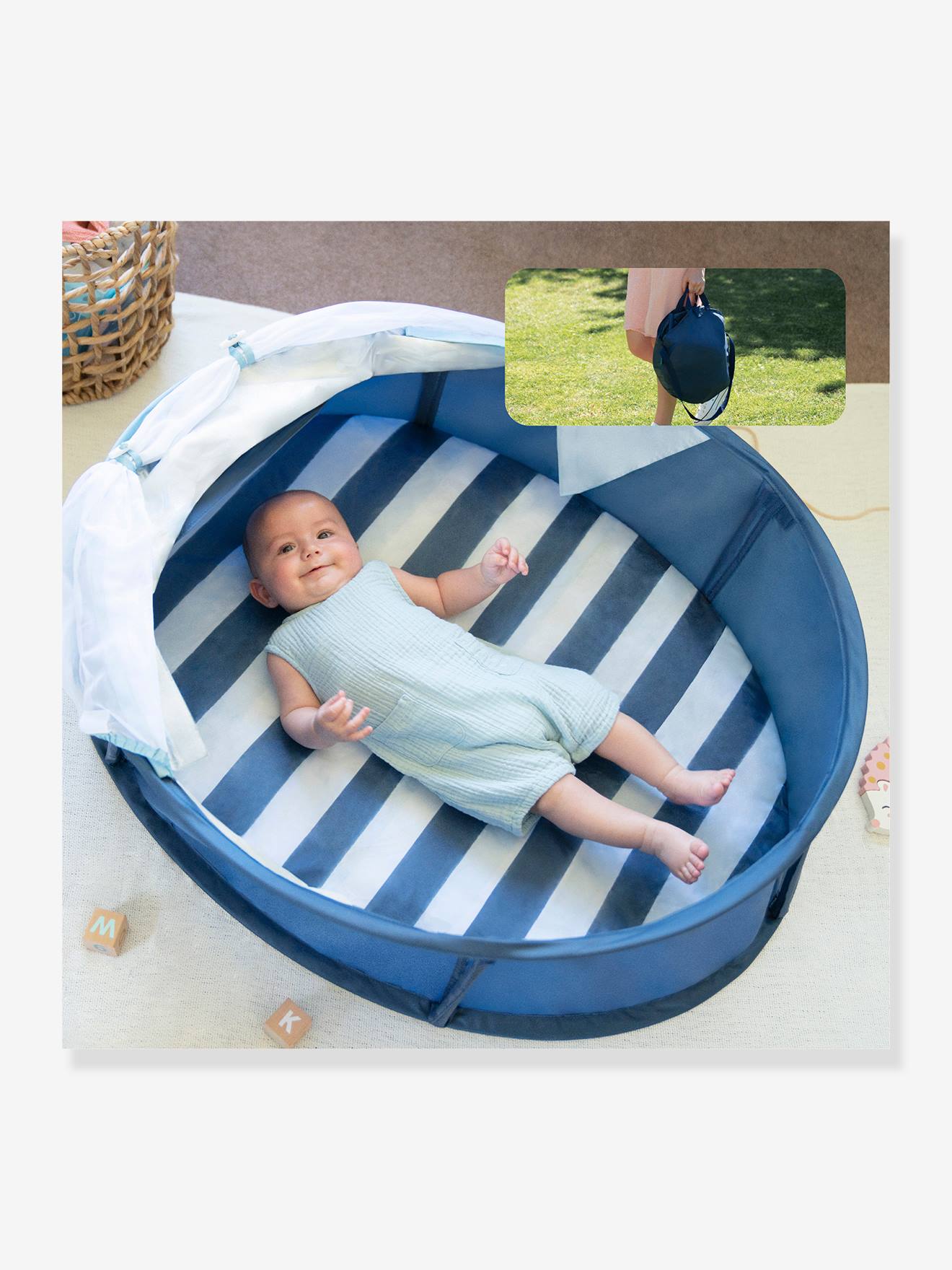 Babyni Aire de Jeux & lit d'appoint Anti-UV FPS 50+ Marinière bleu blanc (Babymoov) - Image 2