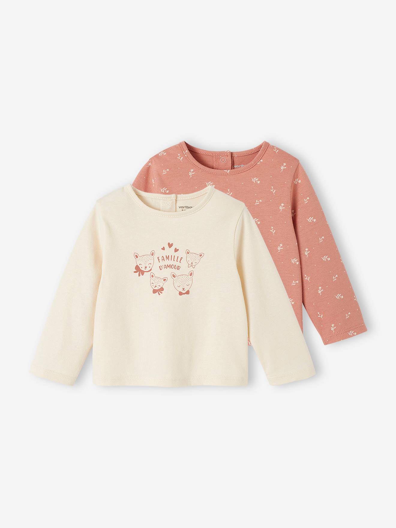 Vertbaudet - Lot de 2 T-shirts bébé manches longues rose