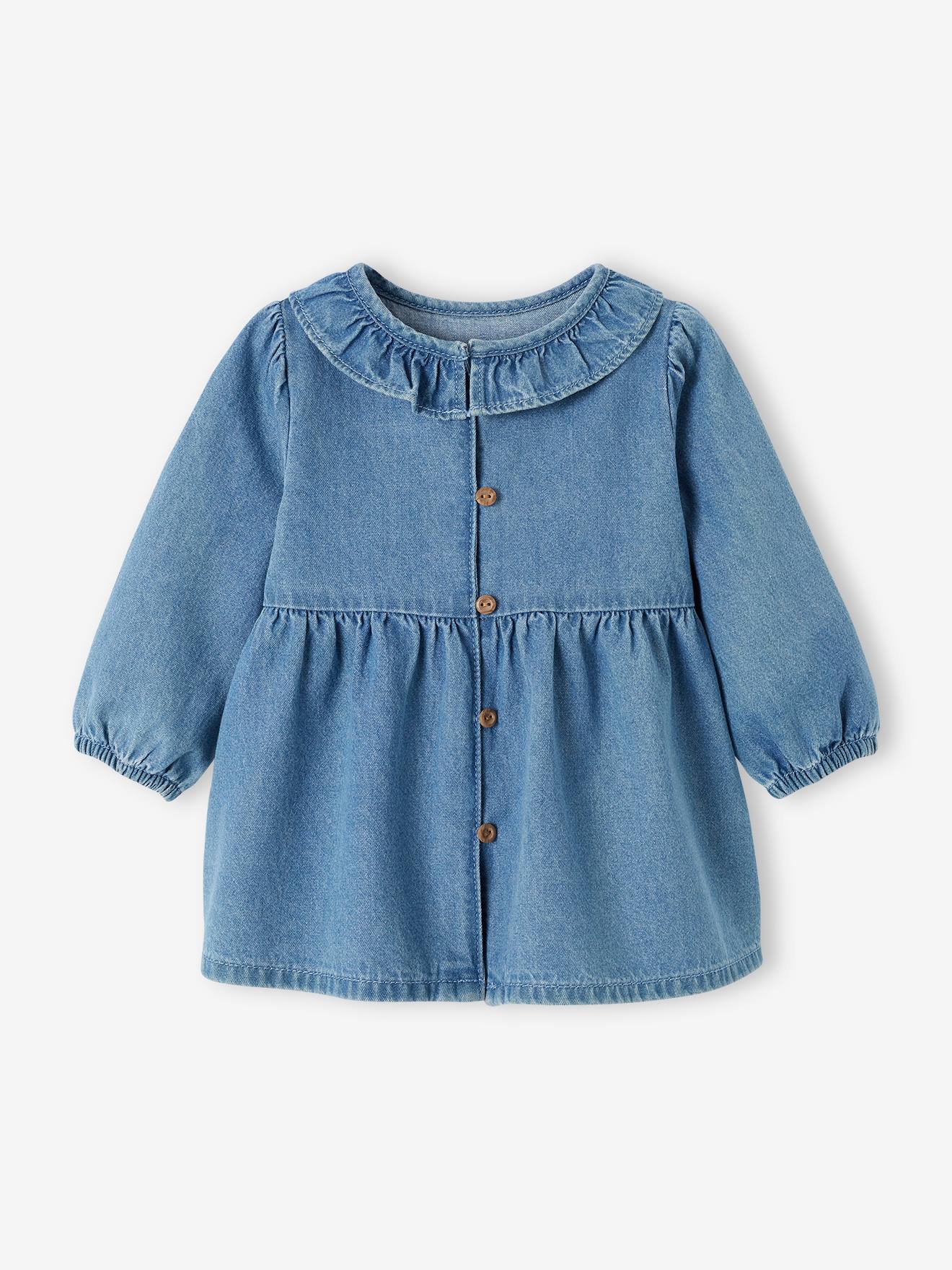 Robe en denim bébé col volanté stone