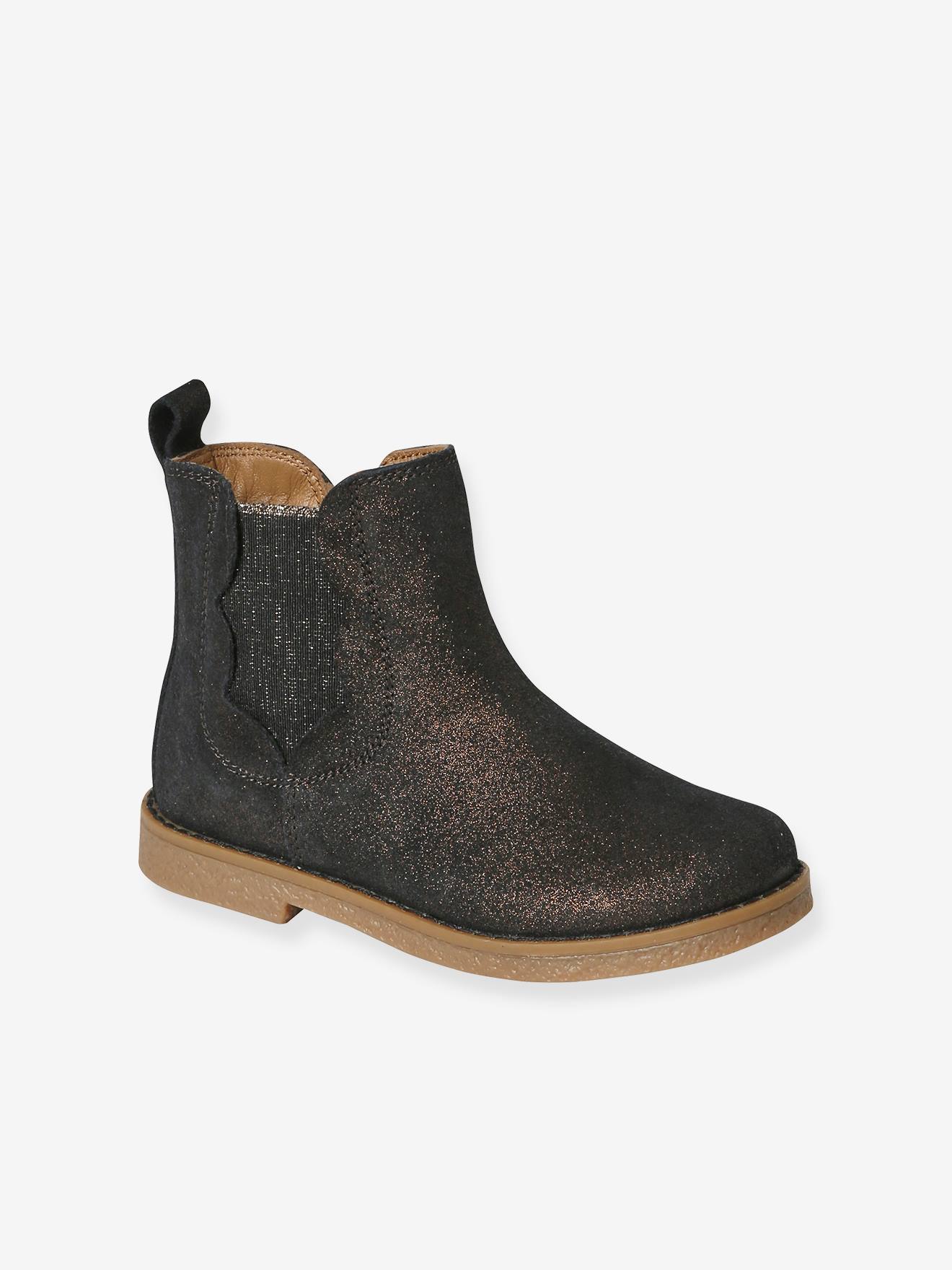Boots cuir fille zippées et élastiquées marron