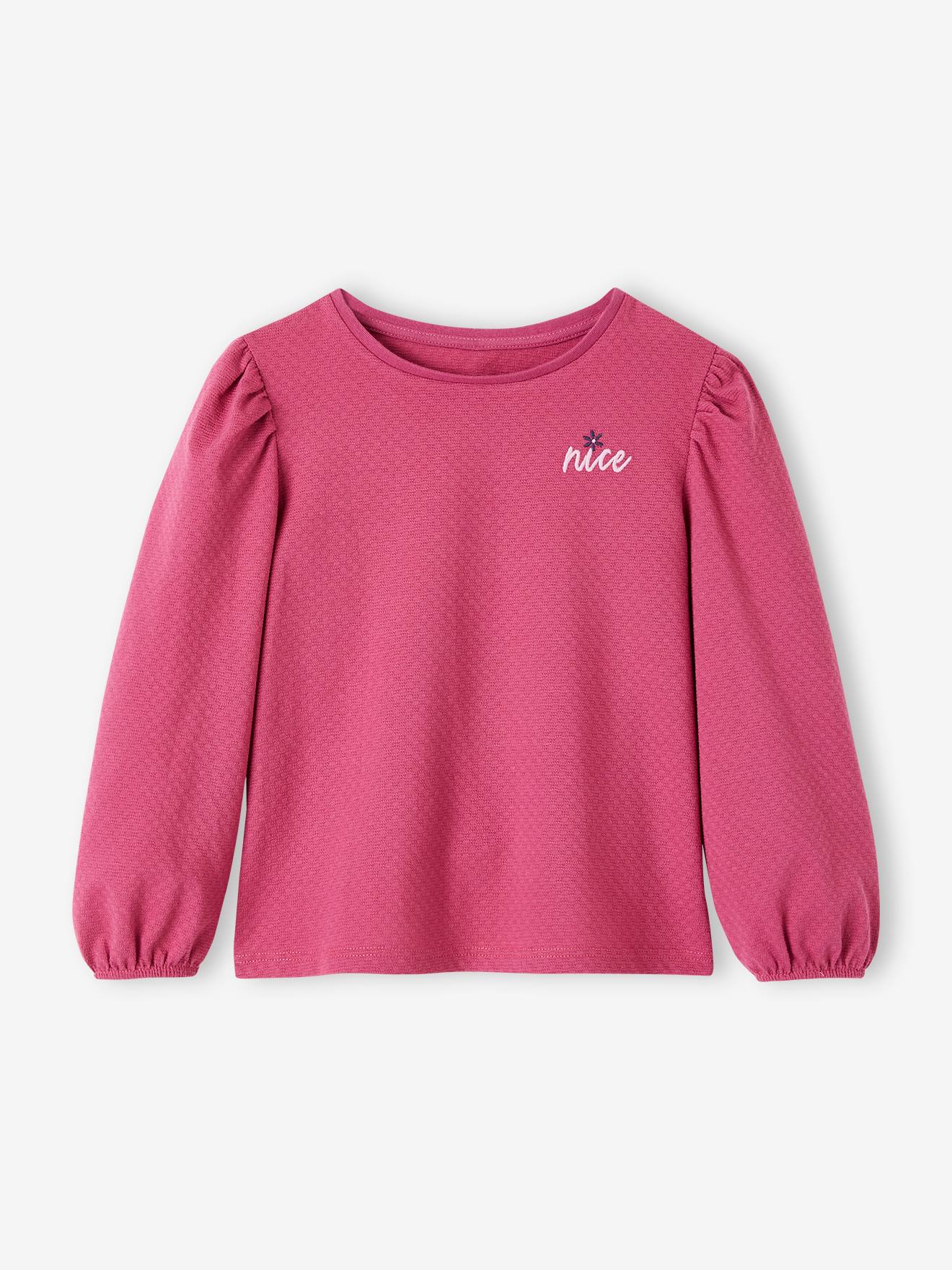 Vertbaudet - T-shirt texturé fantaisie fille manches longues bouffantes violine