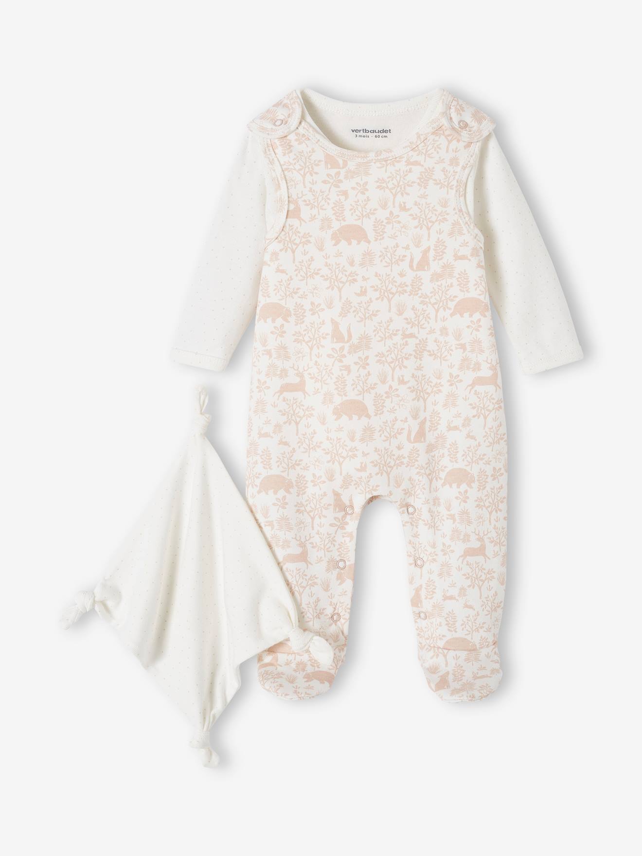 Ensemble naissance 3 pièces : combinaison + body + doudou en coton bio rose poudré