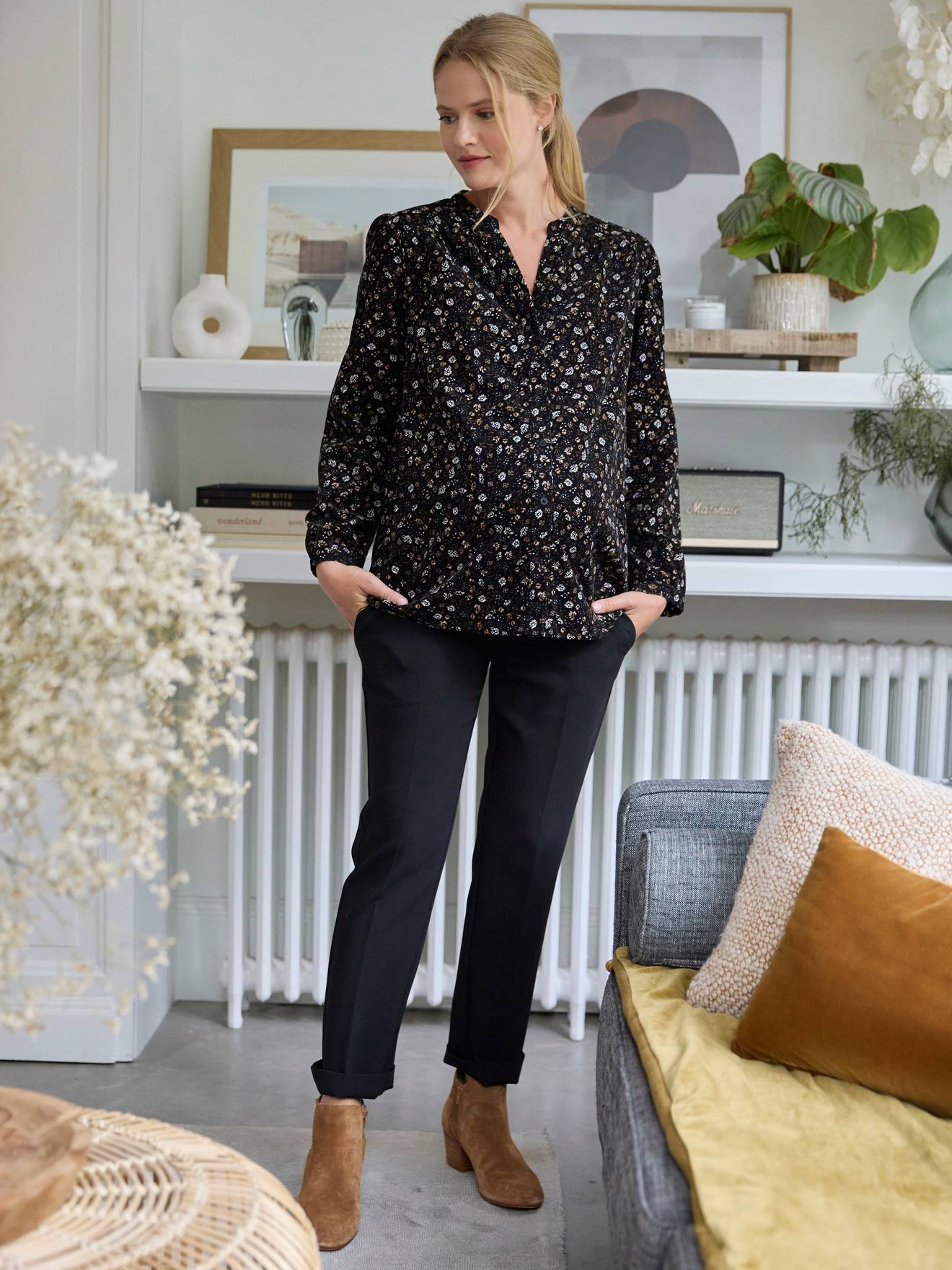 Blouse imprimée velours côtelé grossesse et allaitement noir