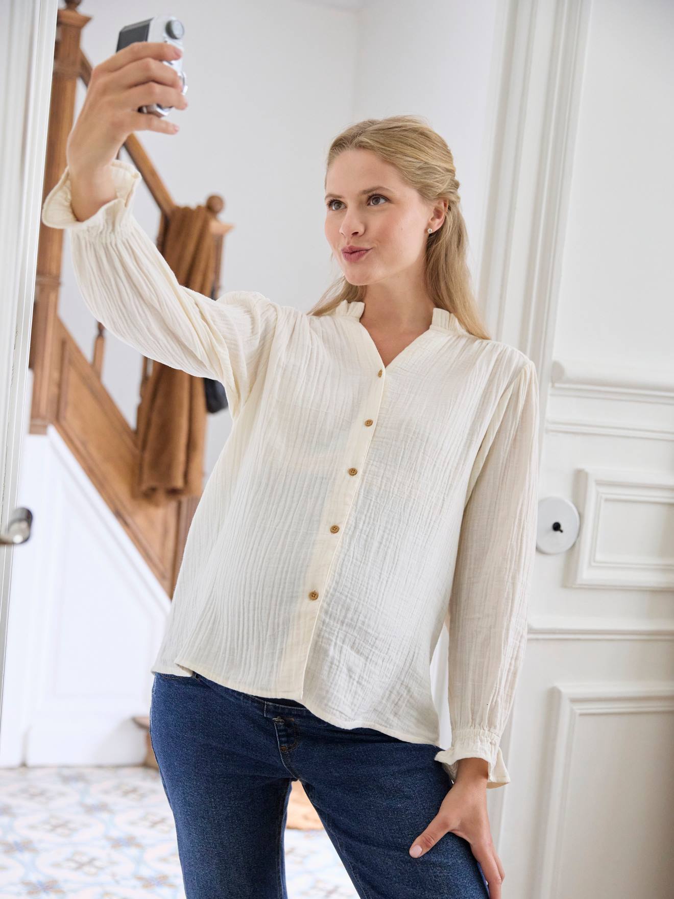 Blouse gaze de coton grossesse et allaitement écru