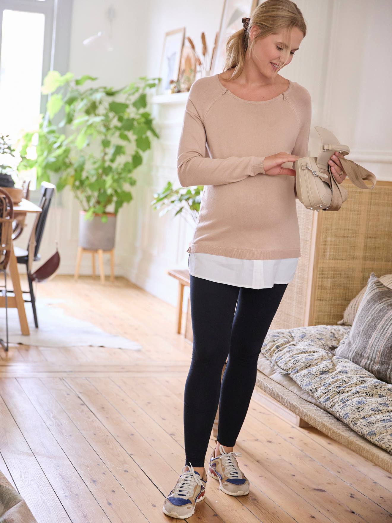 Pull bi-matière grossesse et allaitement beige poudré