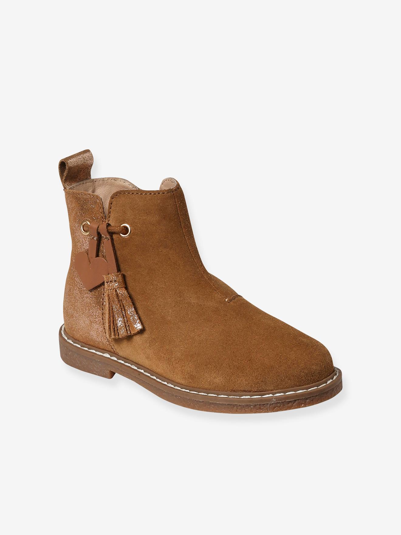 Boots enfant fille cuir pompon zippes camel 29$