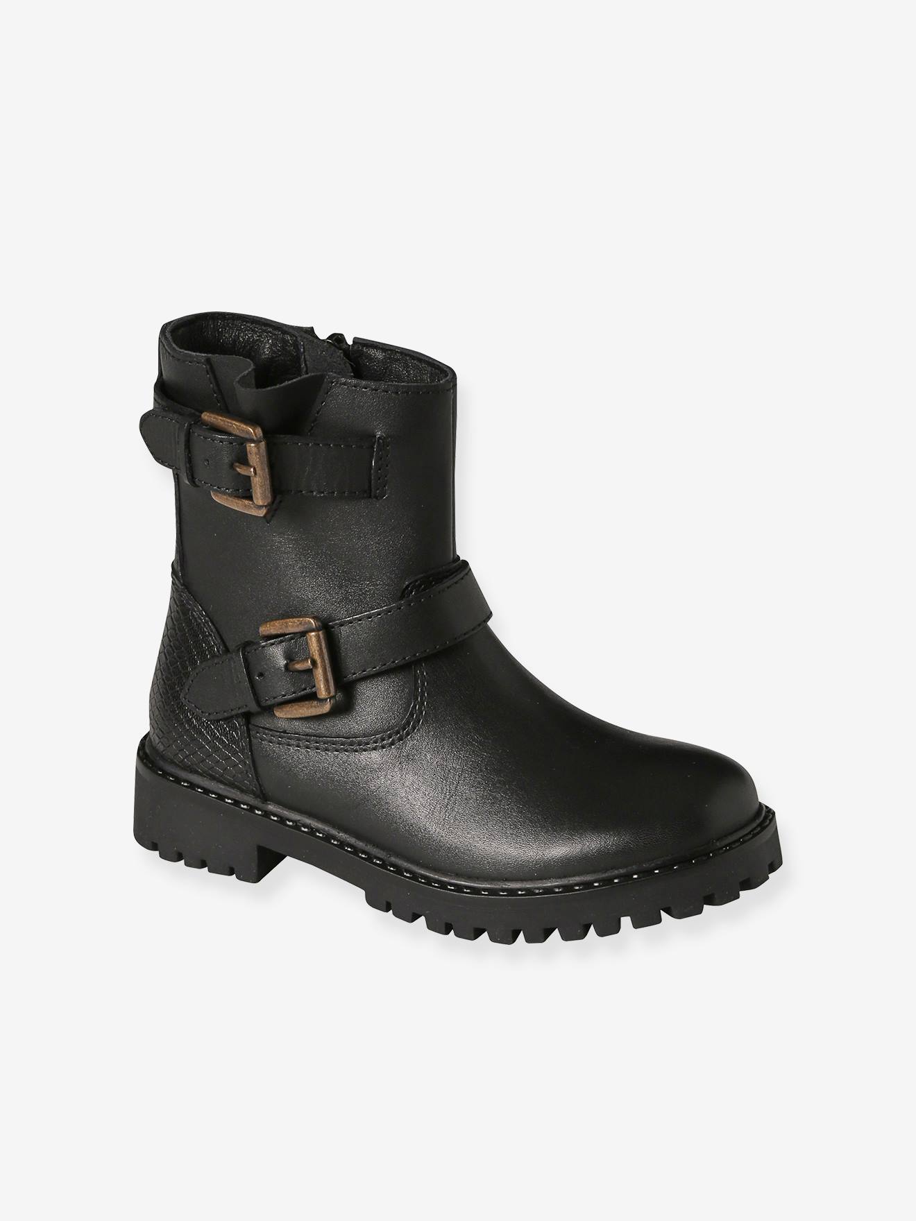 Bottes à brides zippées cuir fille noir