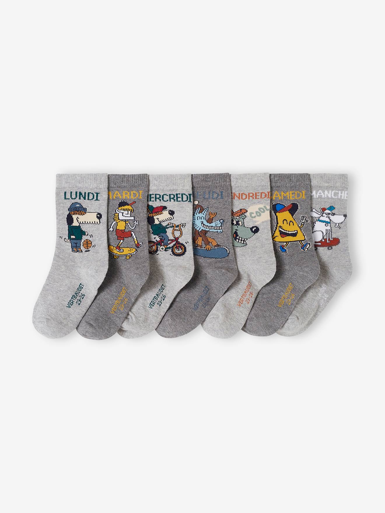 Lot de 7 paires de chaussettes semainier mascottes garçon gris chiné