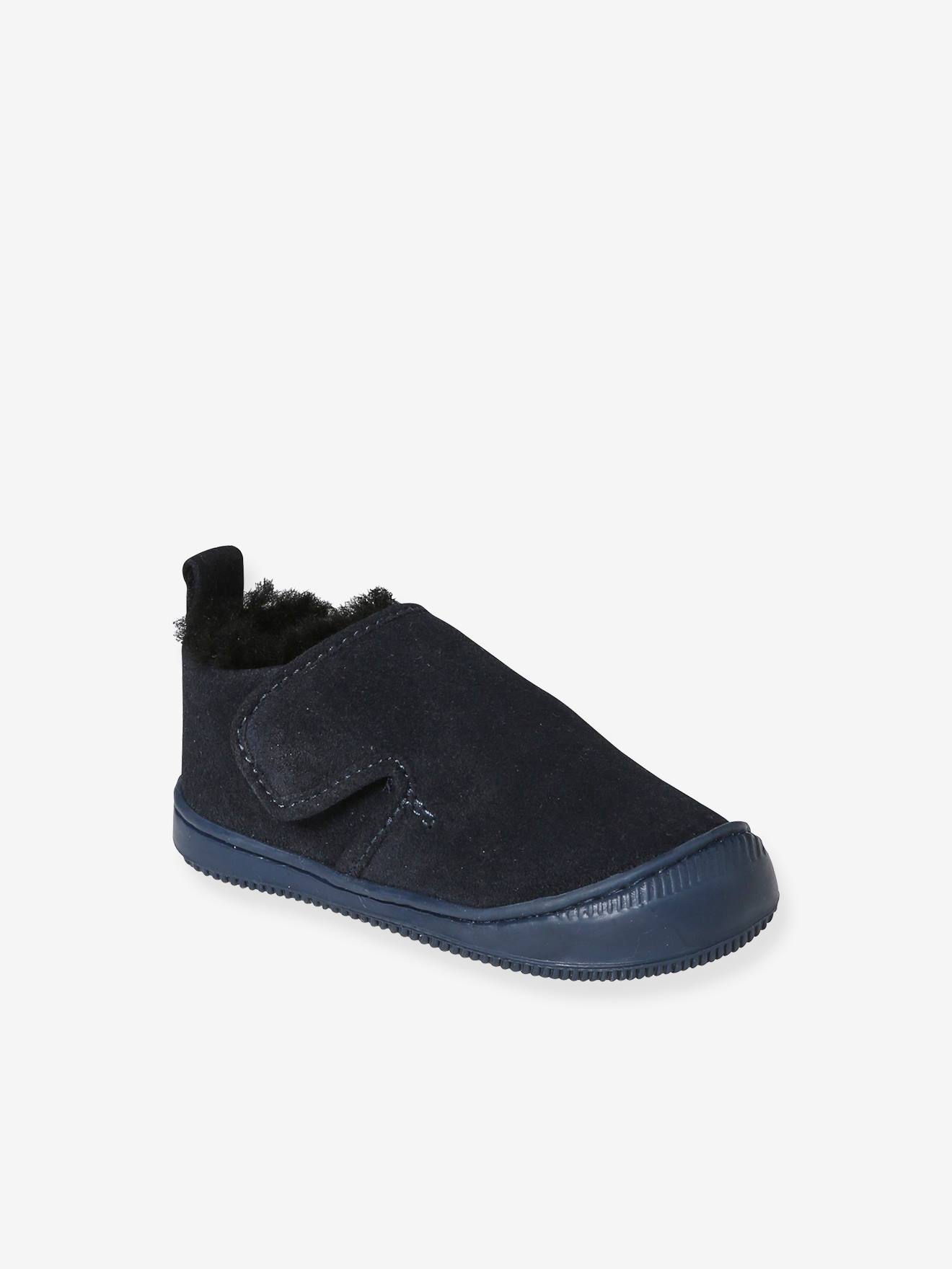 Chaussons fourrés scratchés bébé en cuir souple marine