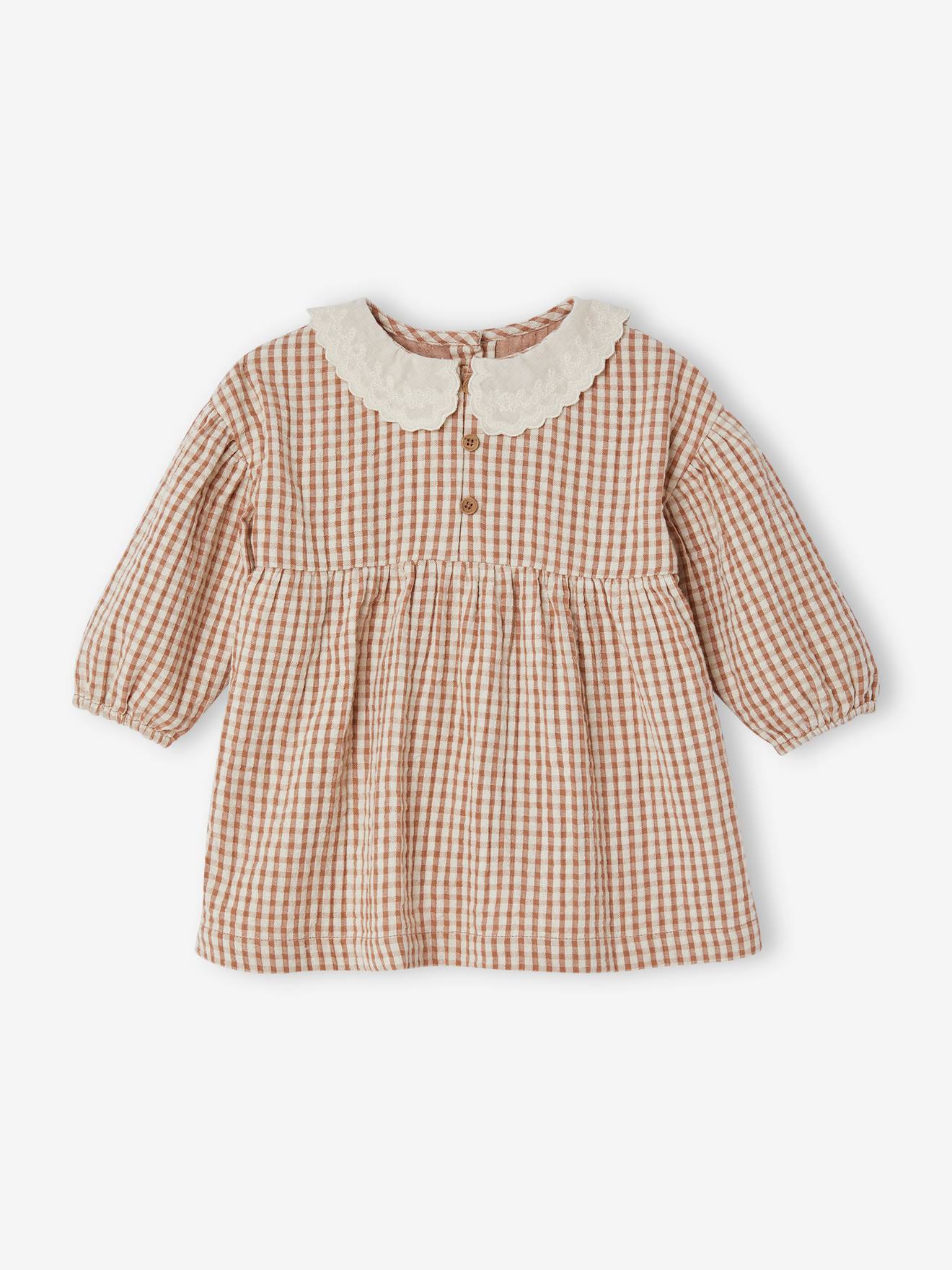 Robe vichy bébé col brodé carreaux marron