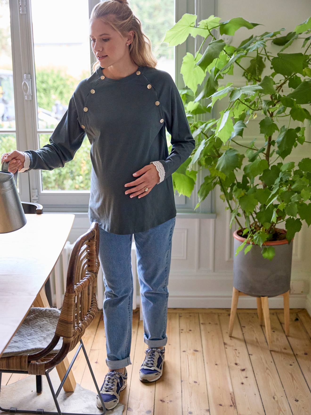 T-shirt bi-matière grossesse et allaitement bleu pétrole