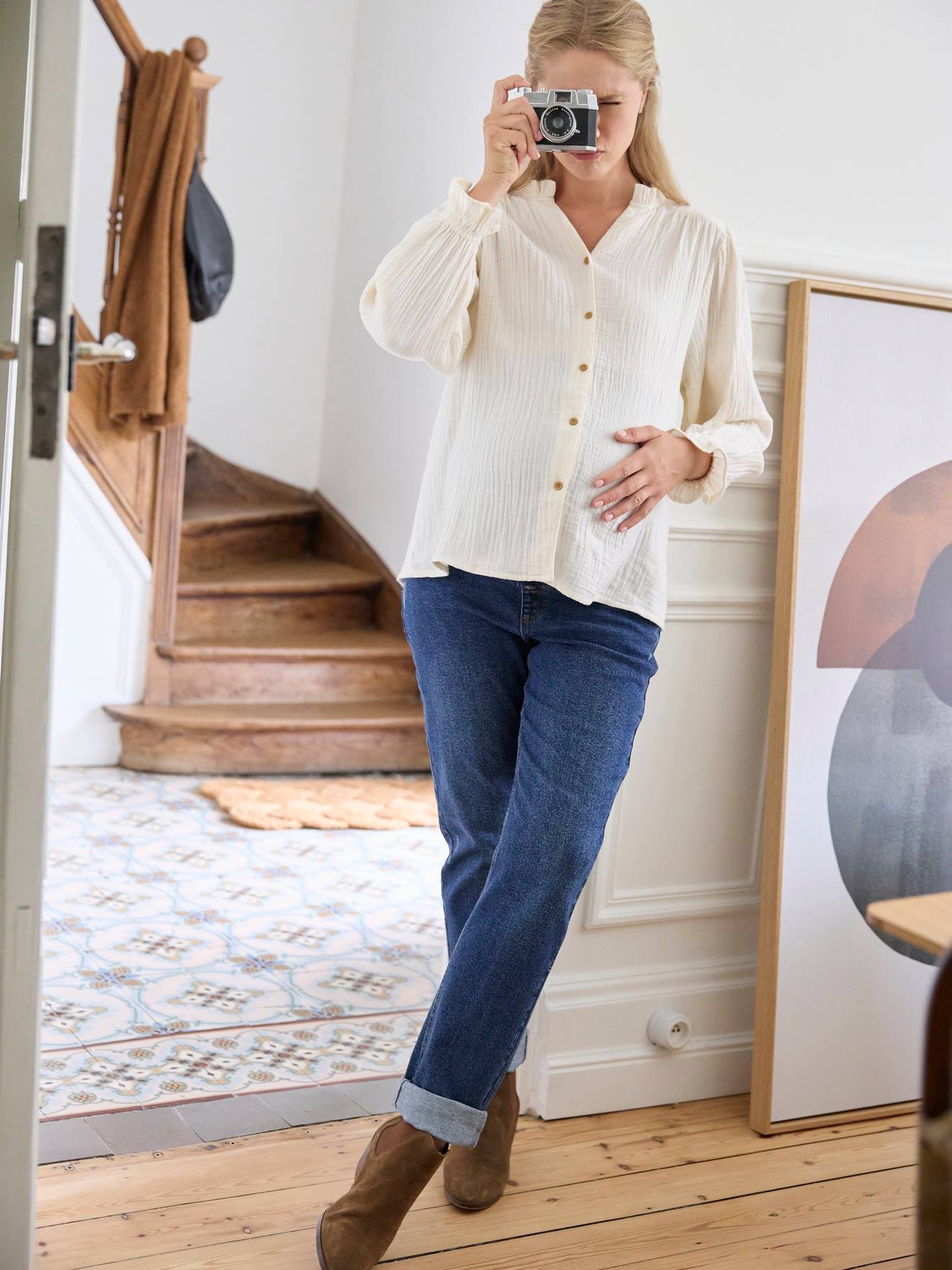 Jean droit de grossesse bandeau sans couture stone