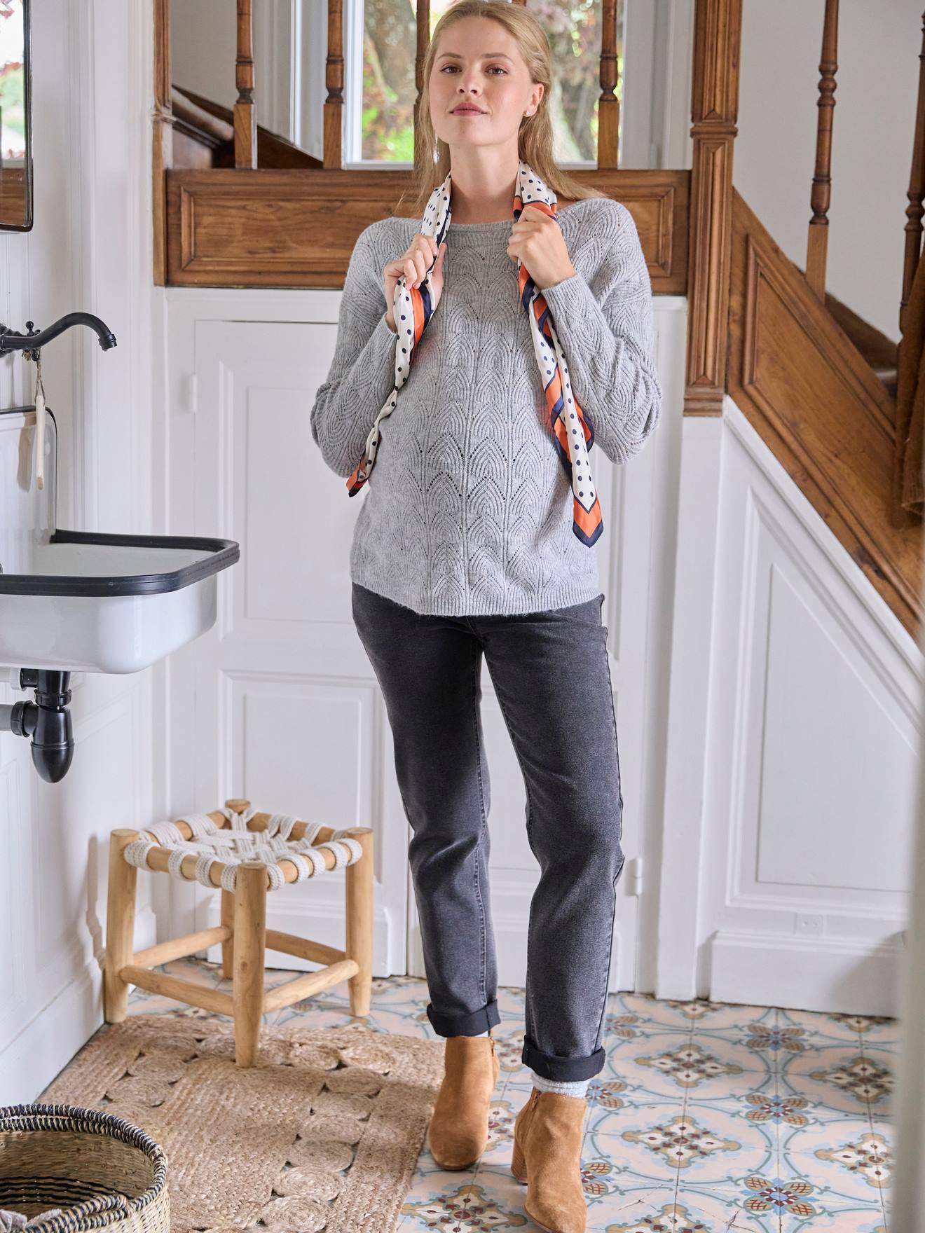 Pull réversible devant/dos grossesse et allaitement gris chiné