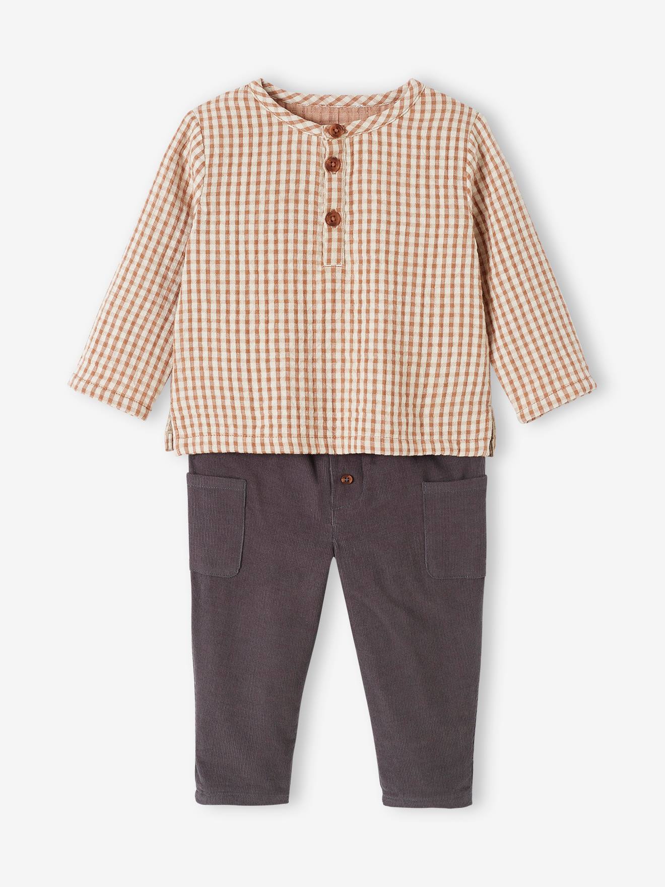 Ensemble bébé chemise vichy + pantalon en velours carreaux marron