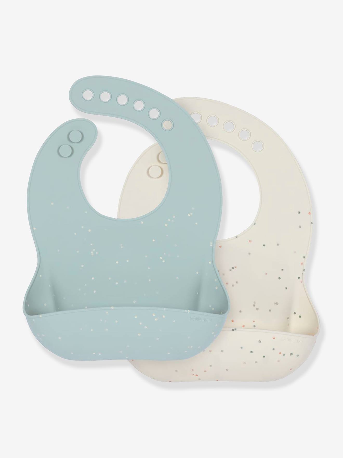 Lot de 2 bavoirs silicone LÄSSIG avec récupérateur nature/bleu
