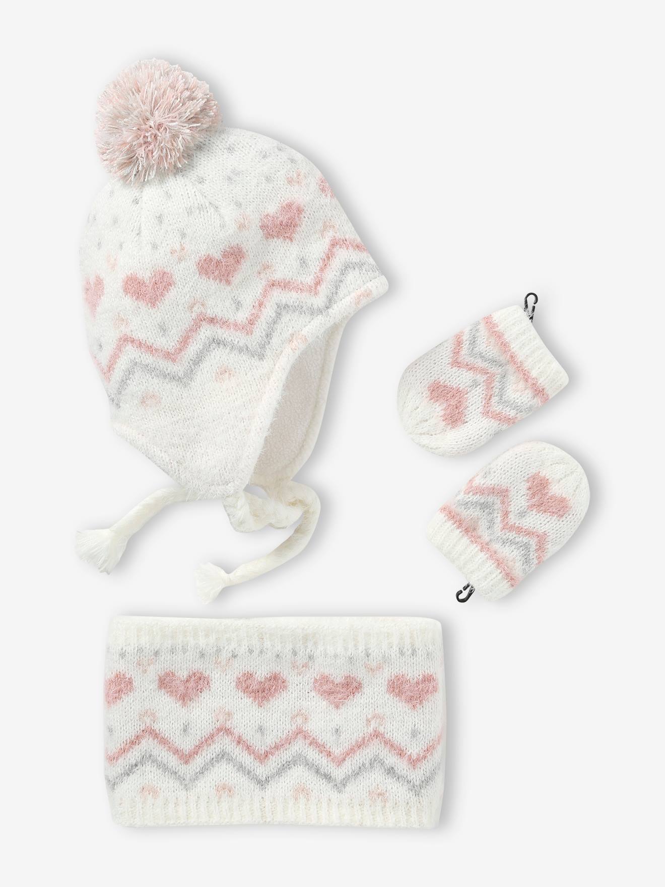 Ensemble bébé fille bonnet + snood + moufles maille jacquard fluffy écru