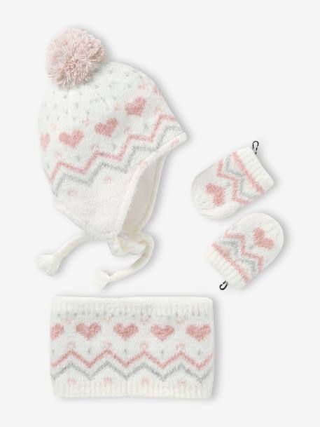 Bébé-Accessoires-Bonnet, écharpe, gants-Ensemble bébé fille bonnet + snood + moufles maille jacquard fluffy