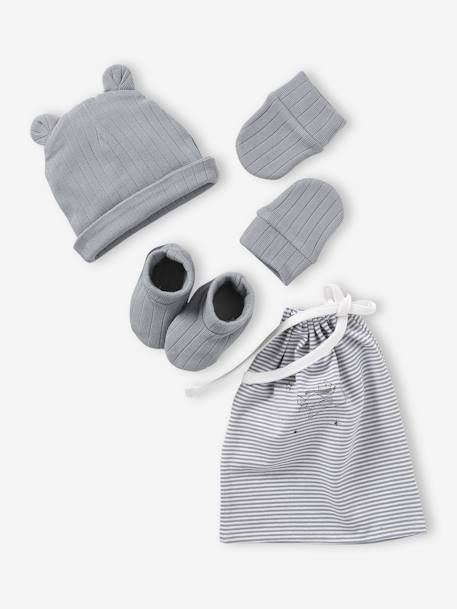 Bébé-Accessoires-Bonnet, écharpe, gants-Ensemble naissance en maille côtelée bonnet + moufles + chaussons + pochon