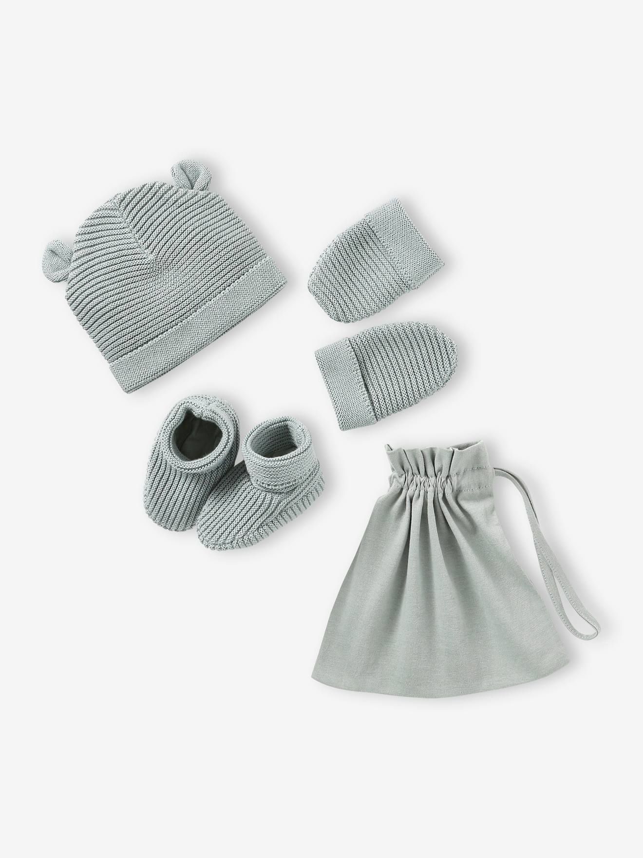 ensemble bonnet, moufles et chaussons bébé naissance et son sac assorti bleu grisé