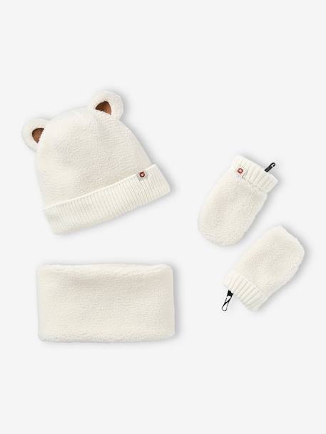 Vertbaudet - Ensemble "Bear Mood" bébé garçon bonnet + snood + moufles en sherpa écru