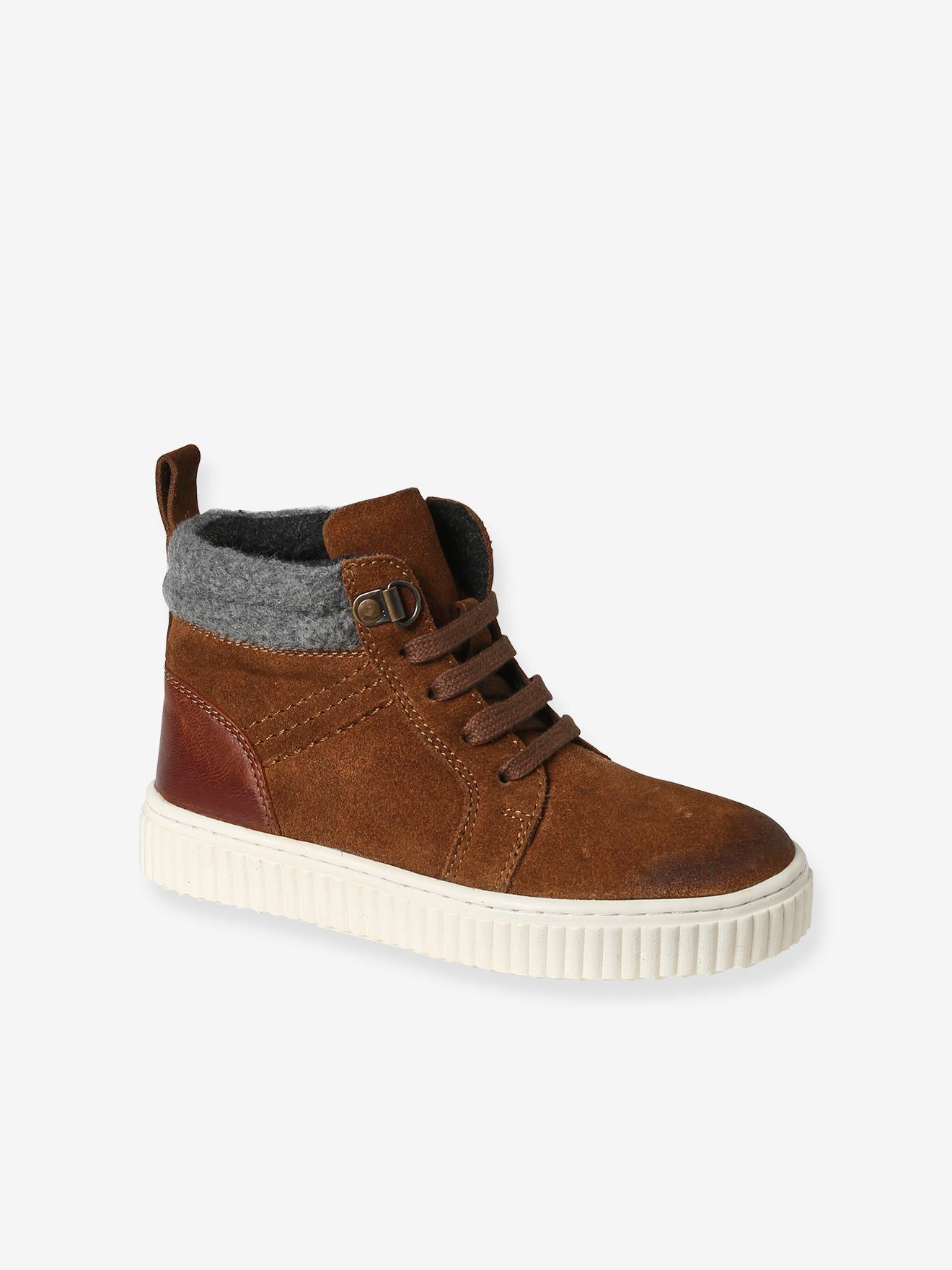 Baskets montantes cuir lacées et zippées enfant marron