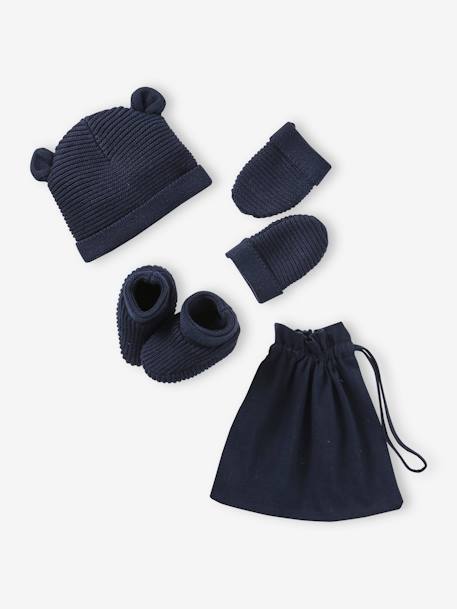 Ensemble bonnet, moufles et chaussons bébé naissance et son sac assorti bleu grisé+écru+marine 9 - vertbaudet enfant 