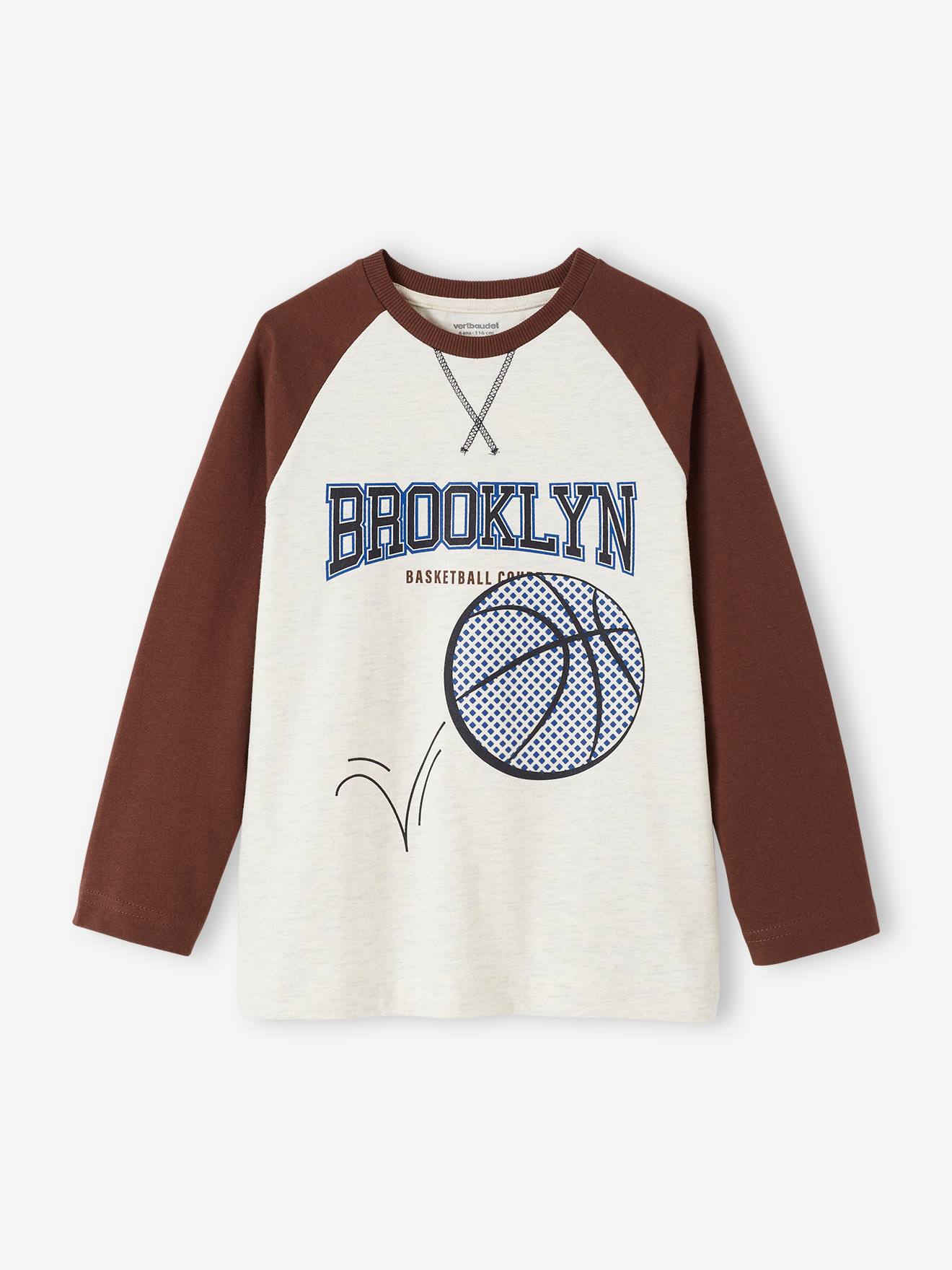 T-shirt sport motif en relief garçon manches longues raglan beige chiné