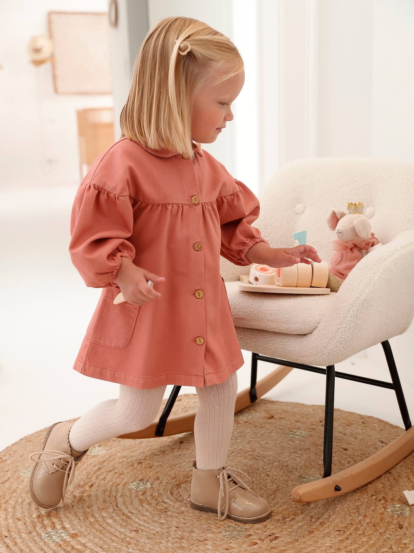 Robe en sergé bébé col claudine rose