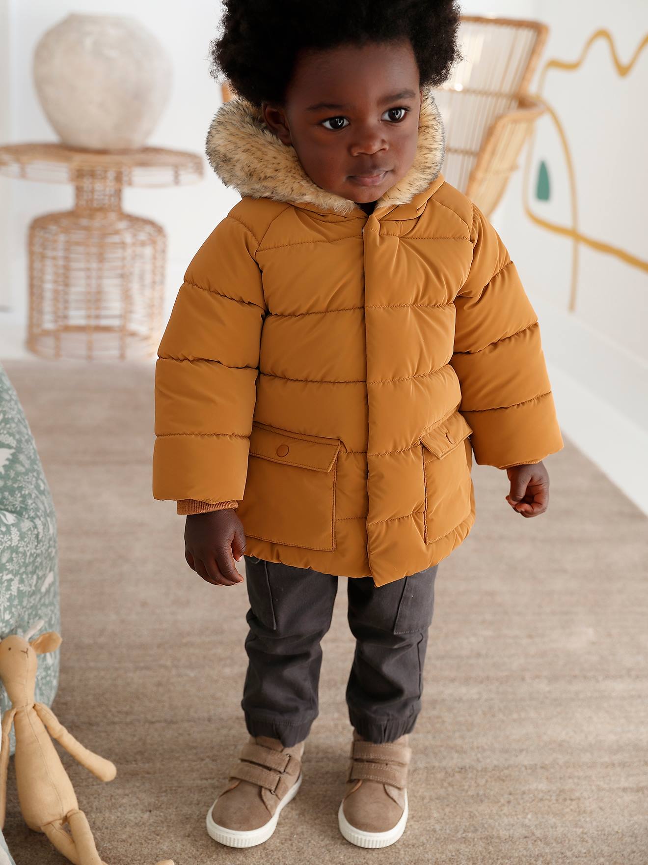 Doudoune doublée bébé à capuche curcuma