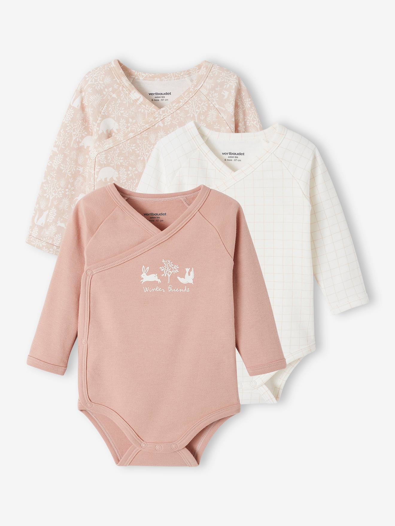 Lot de 3 bodies manches longues bébé en coton bio ouverture naissance rose poudré