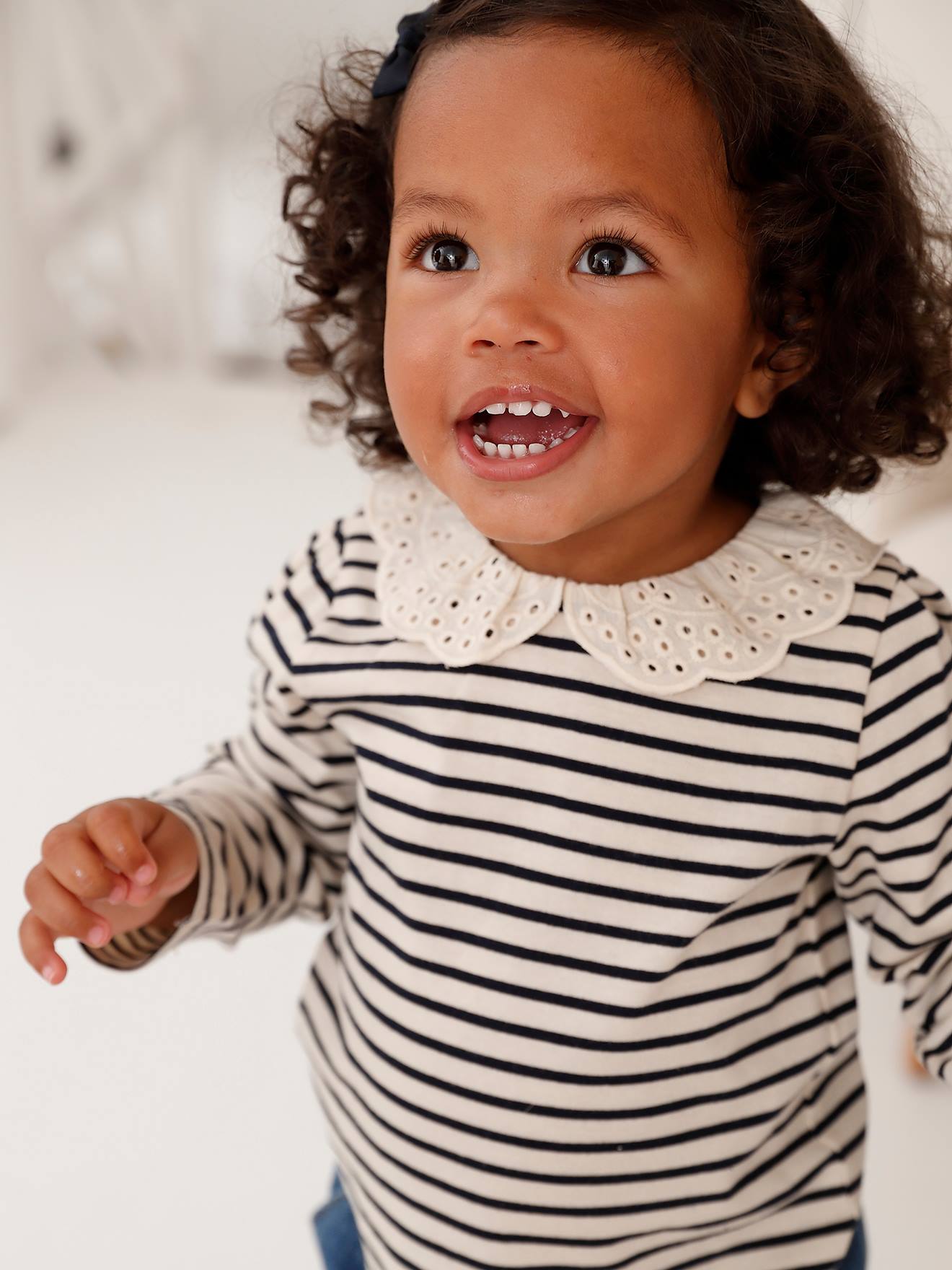 Vertbaudet - T-shirt col brodé bébé manches longues rayé marine