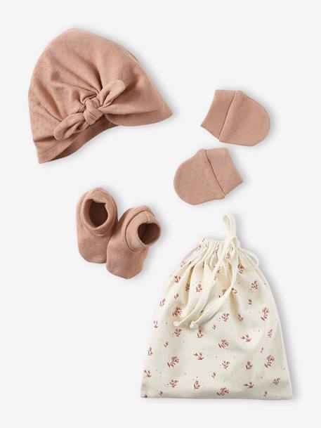 Bébé-Accessoires-Bonnet, écharpe, gants-Ensemble naissance fille bonnet + moufles + chaussons + pochon