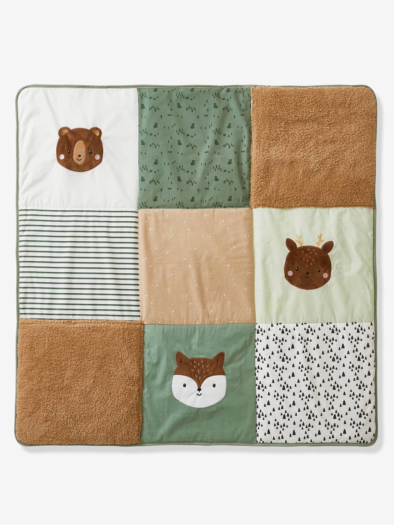 Tapis de sol / Fond de parc patchwork en coton et sherpa GREEN FOREST écru / multicolore