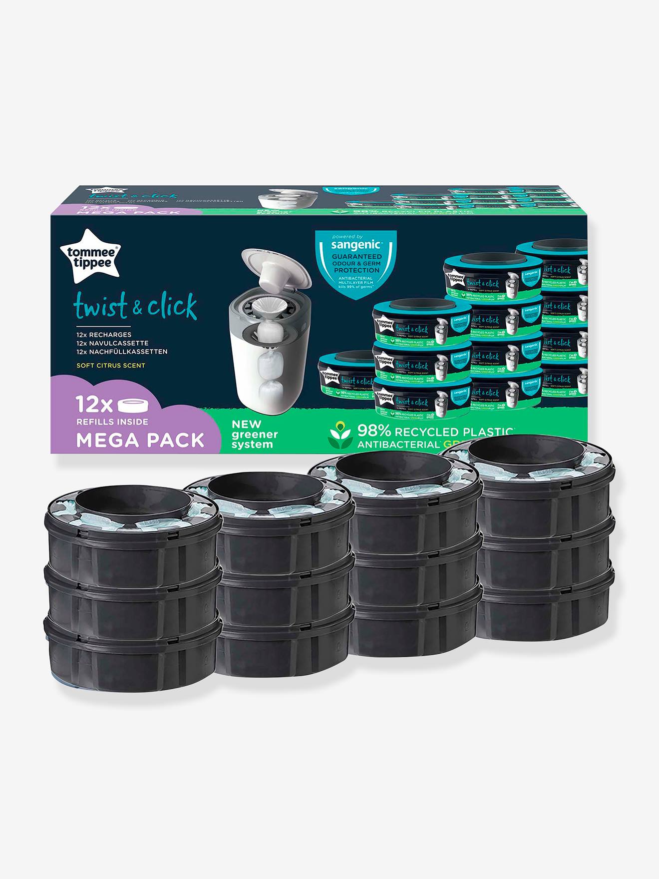 Lot de 12 recharges pour poubelles à couches Tec et Twist & Click Sangenic en plastique recyclé gris (Tommee Tippee) - Image 1