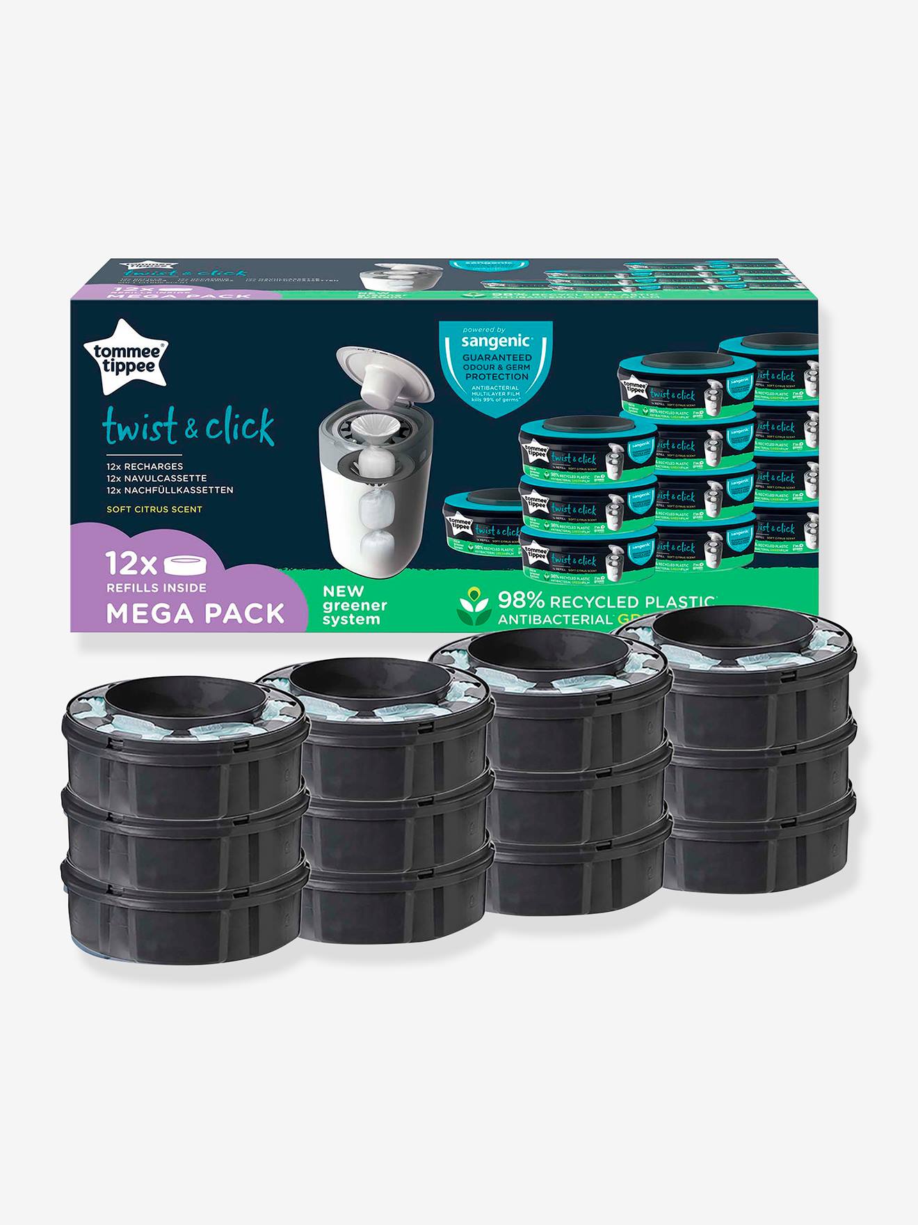 Lot de 12 recharges pour poubelles à couches Tec et Twist & Click TOMMEE TIPPEE Sangenic en plastique recyclé gris (Tommee Tippee) - Image 1