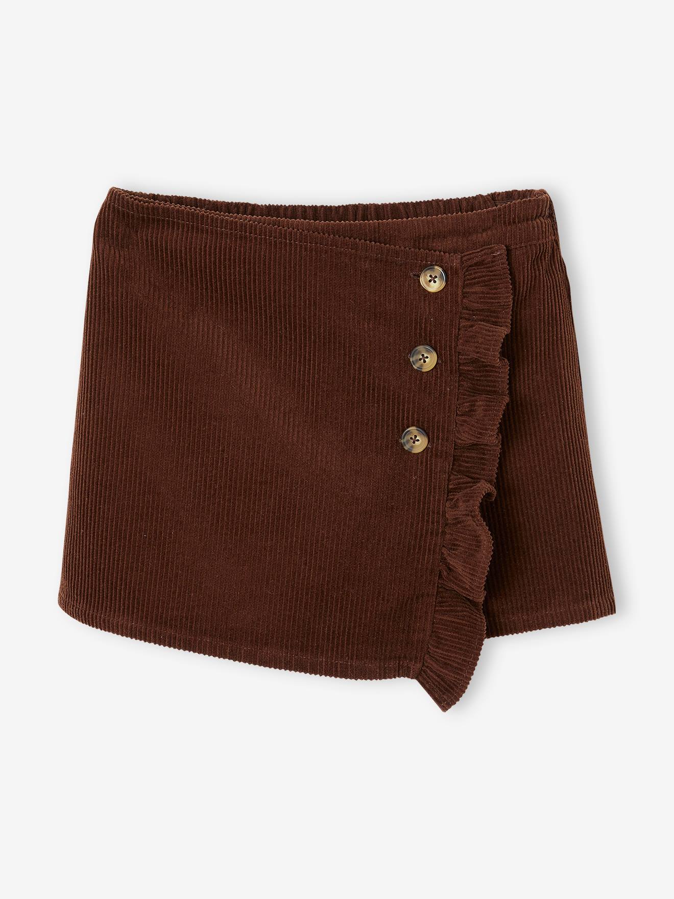 Jupe-short en velours côtelé fille effet portefeuille marron