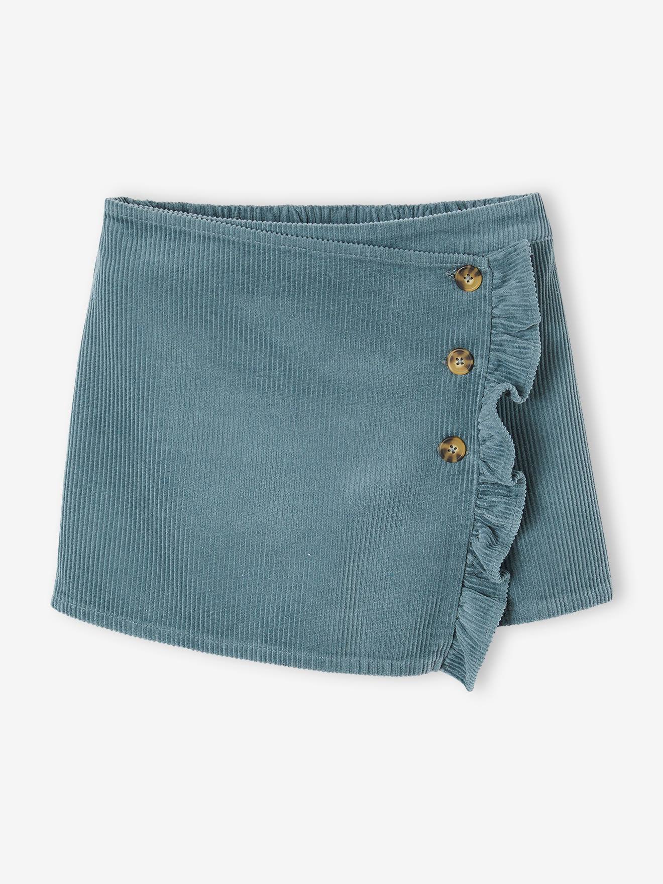Jupe-short en velours côtelé fille effet portefeuille bleu canard