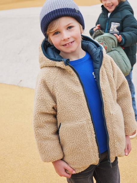 Garçon-Manteau, veste-Doudoune à capuche réversible garçon matelassée et sherpa