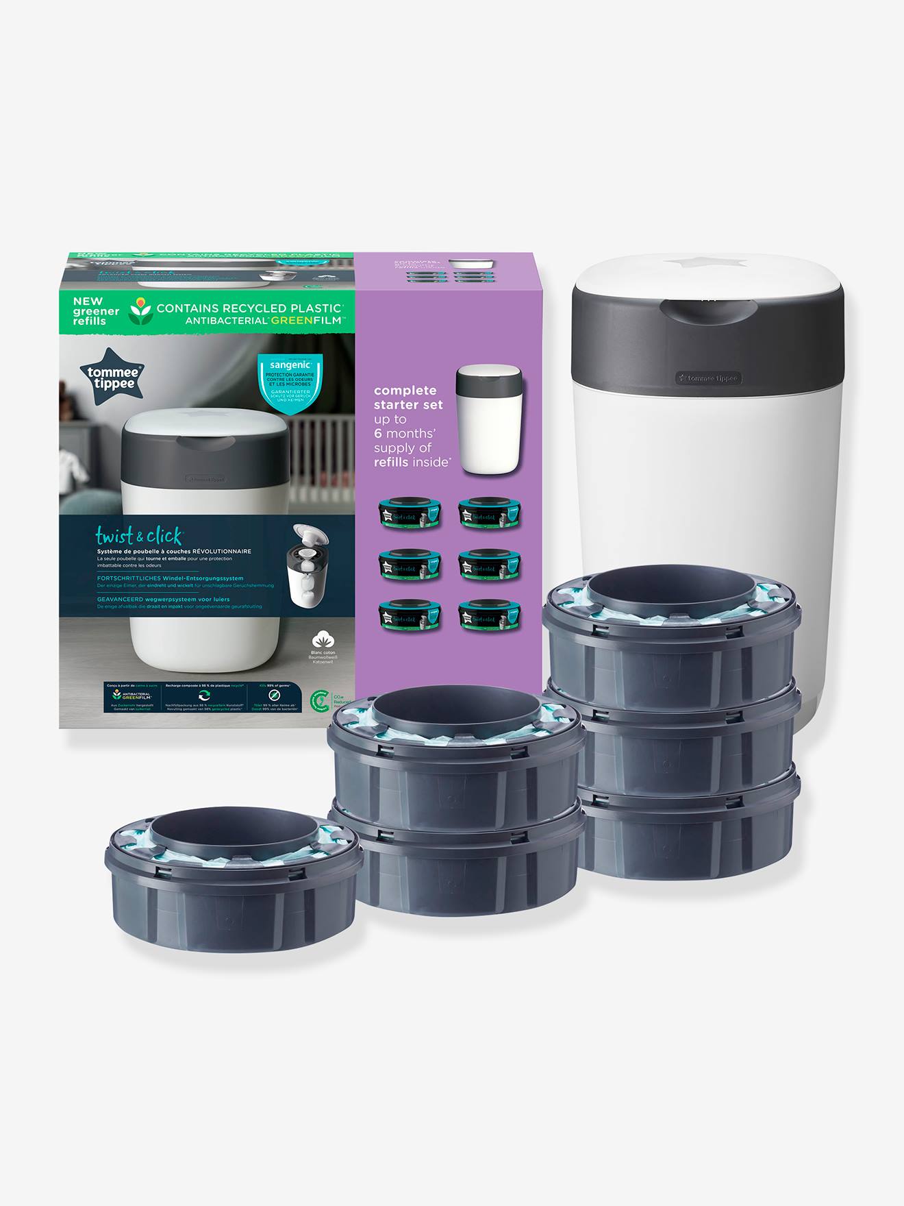 Starter pack poubelle à couches Twist & Click + 6 recharges blanc (Tommee Tippee) - Image 1