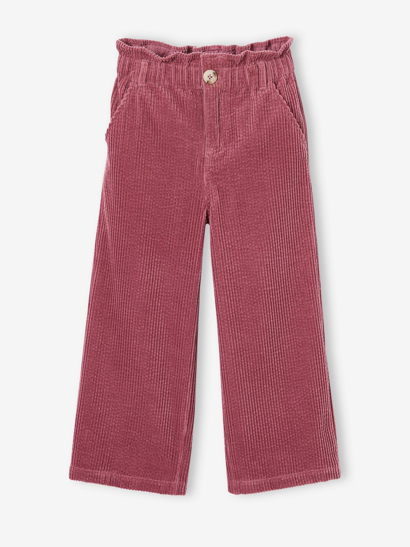 Pantalon large en velours côtelé style paperbag fille mauve
