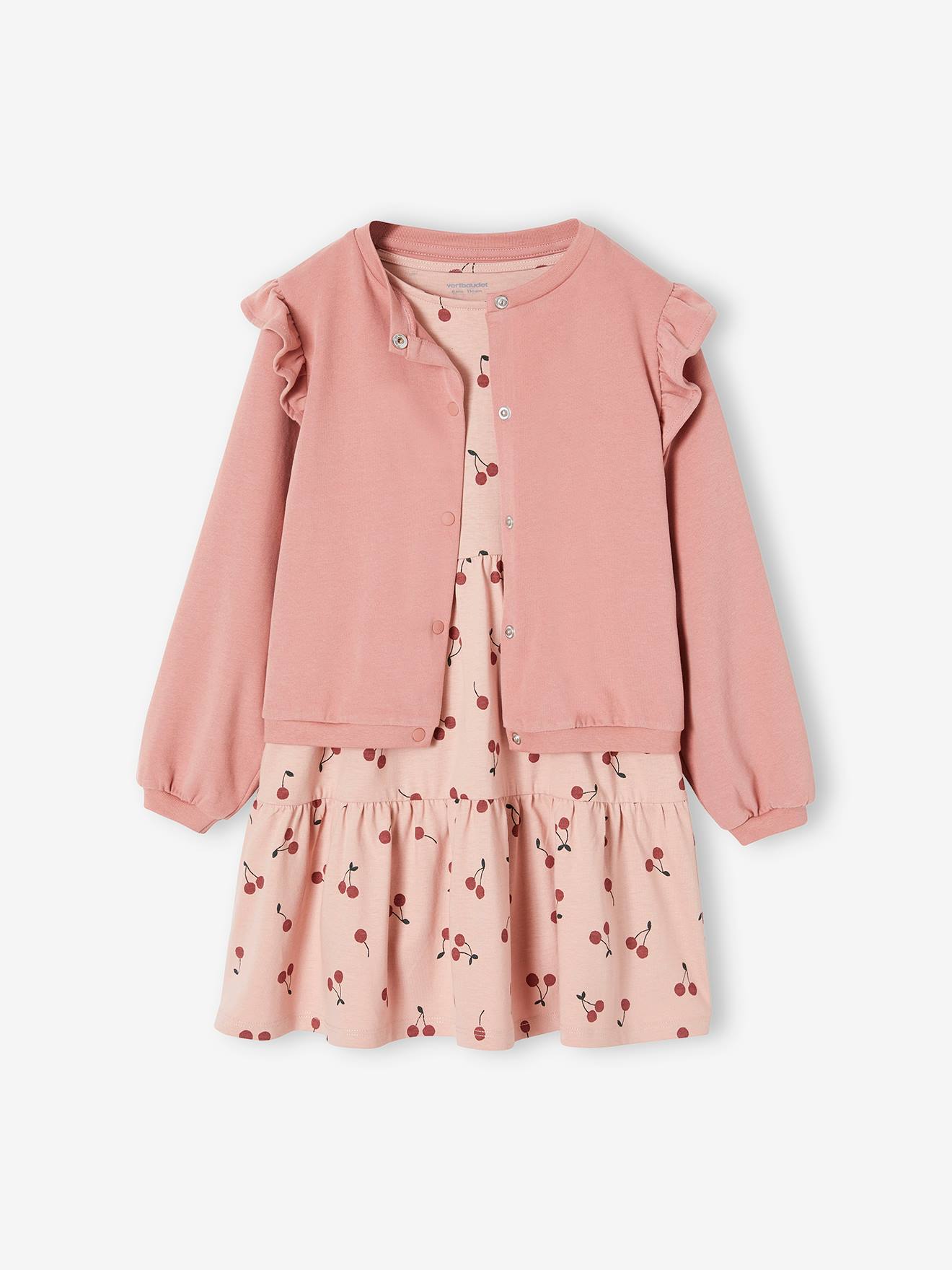 Ensemble robe et cardigan à volants fille rose poudré