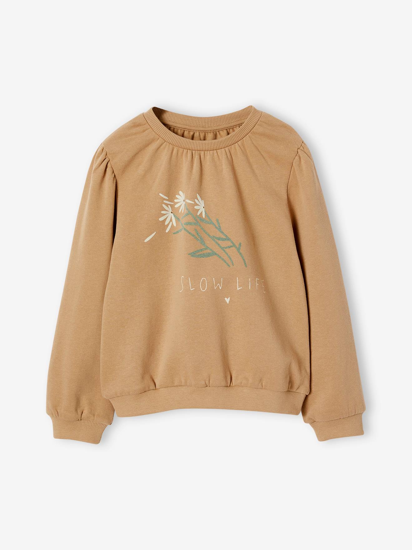 Sweat romantique motif fleurs fille détails flatlock taupe